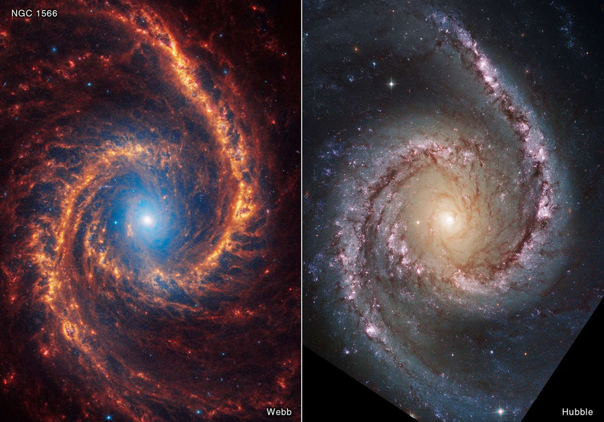 Side-by-side comparison of a spiral galaxy in two different views, showing differing levels of detail and dust structure between the images.
