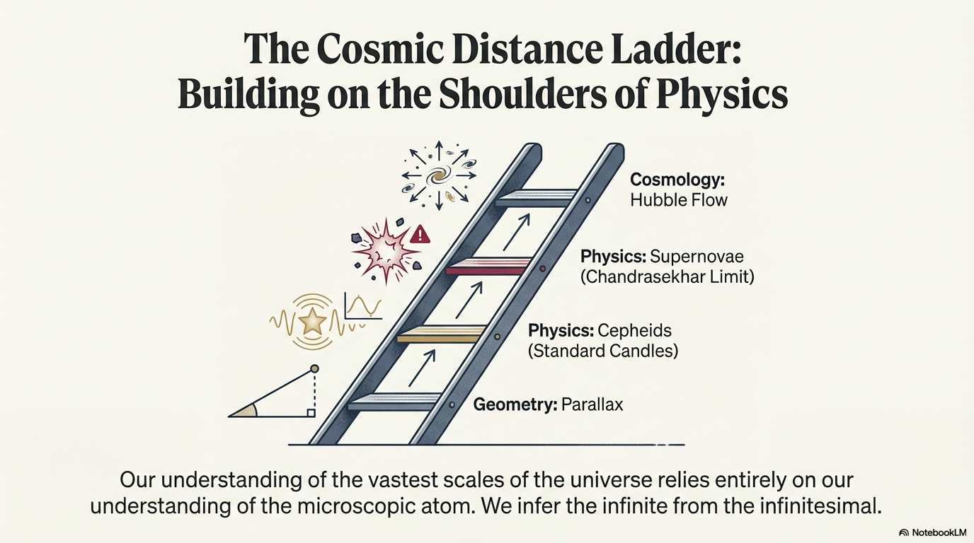 Four-rung ladder diagram titled 'The Cosmic Distance Ladder: Building on the Shoulders of Physics'. From bottom to top: Rung 1 Geometry (Parallax), Rung 2 Physics (Cepheids/Standard Candles), Rung 3 Physics (Supernovae/Chandrasekhar Limit), Rung 4 Cosmology (Hubble Flow). Footer text: Our understanding of the vastest scales relies on the microscopic atom.