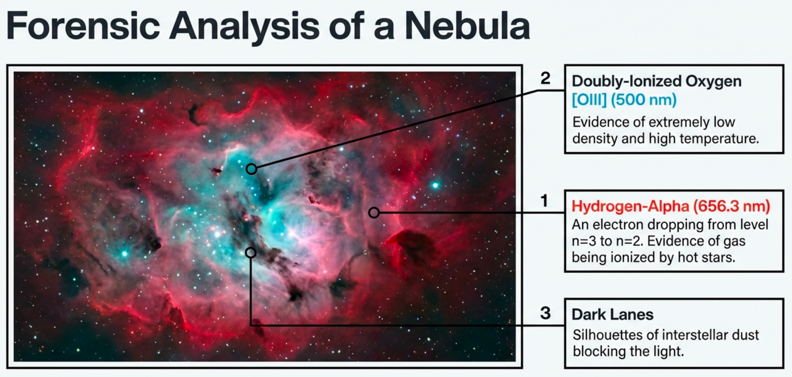 Annotated nebula image showing three labeled features: (1) Hydrogen-Alpha at 656.3 nm in red regions indicating ionized gas, (2) Doubly-ionized Oxygen [OIII] at 500 nm in blue-green regions indicating extremely low density, (3) Dark Lanes showing silhouettes of interstellar dust blocking the light.