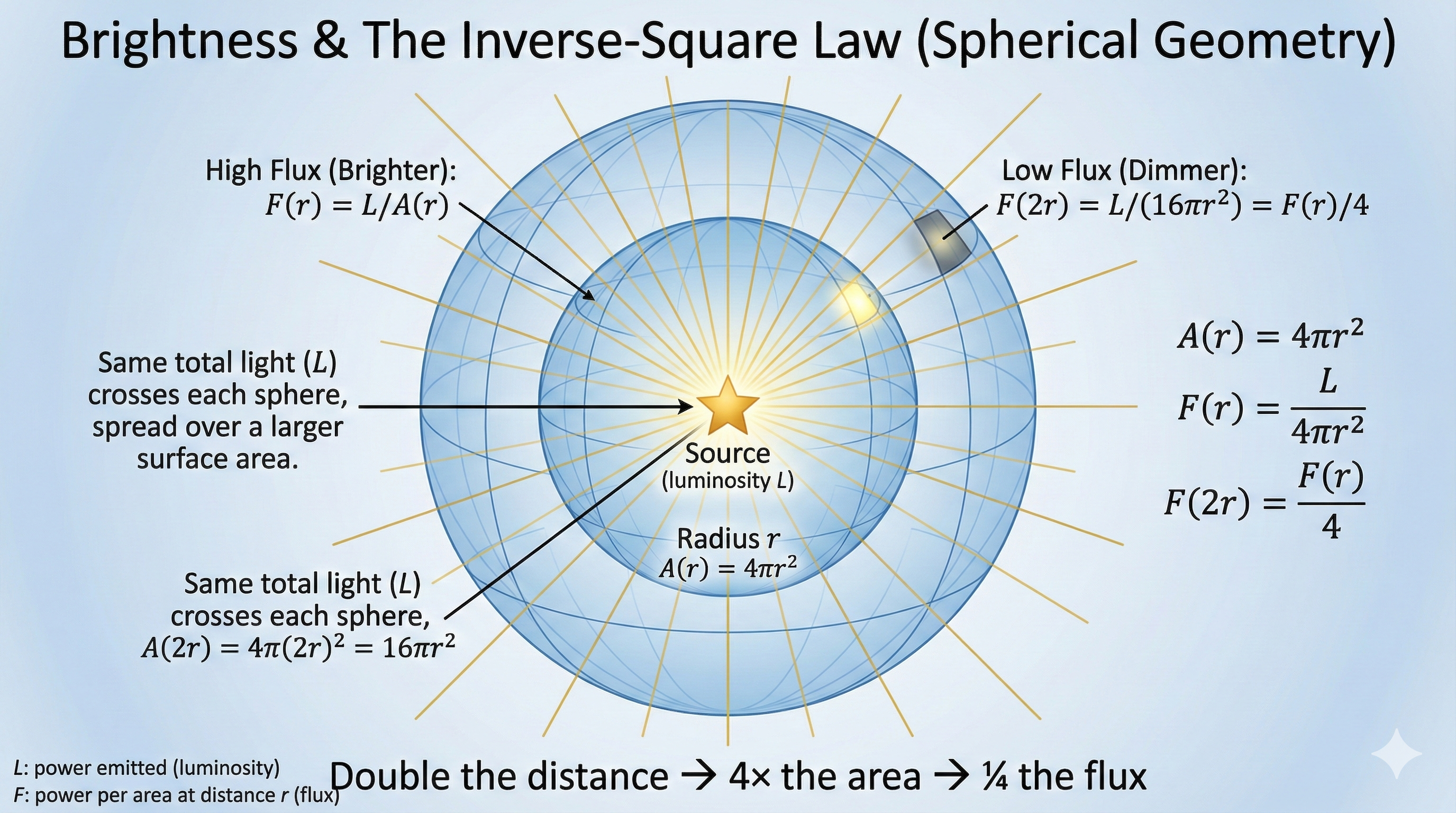 Spherical geometry diagram showing light from a central source spreading over increasing surface area. At radius r, area is 4πr². At radius 2r, area is 16πr², so flux drops to 1/4. Equations show F(r) = L/4πr² and F(2r) = F(r)/4.