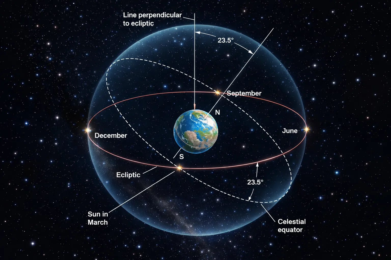 Diagram of the celestial sphere showing the ecliptic path relative to the celestial equator.