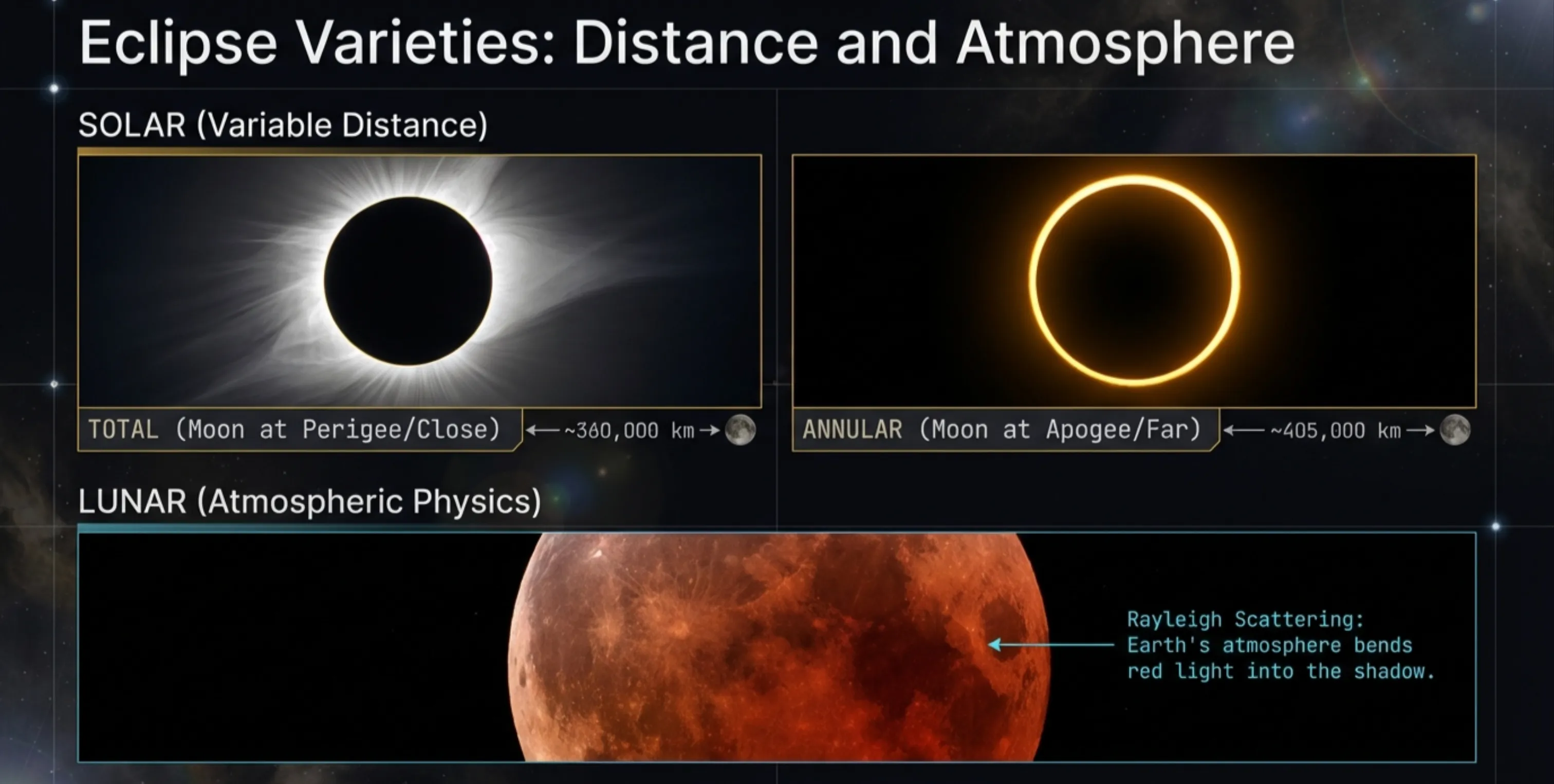 Diagram summarizing different eclipse types (solar and lunar) and the role of umbra and penumbra.