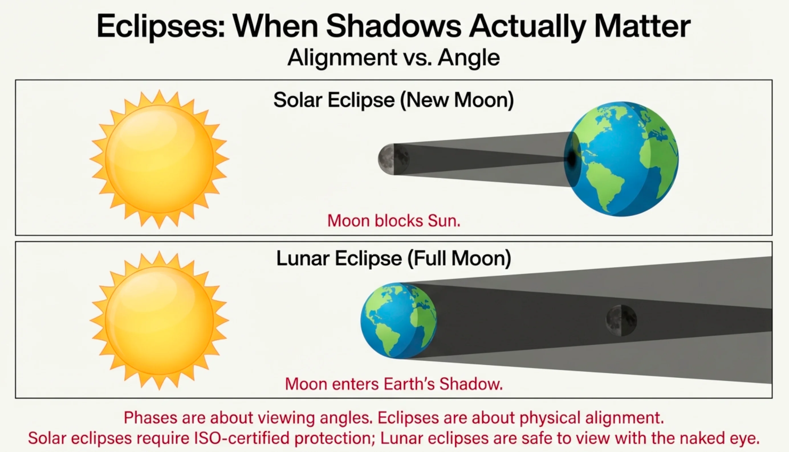 Diagram showing Sun–Earth–Moon alignment cases that produce lunar and solar eclipses via shadows.