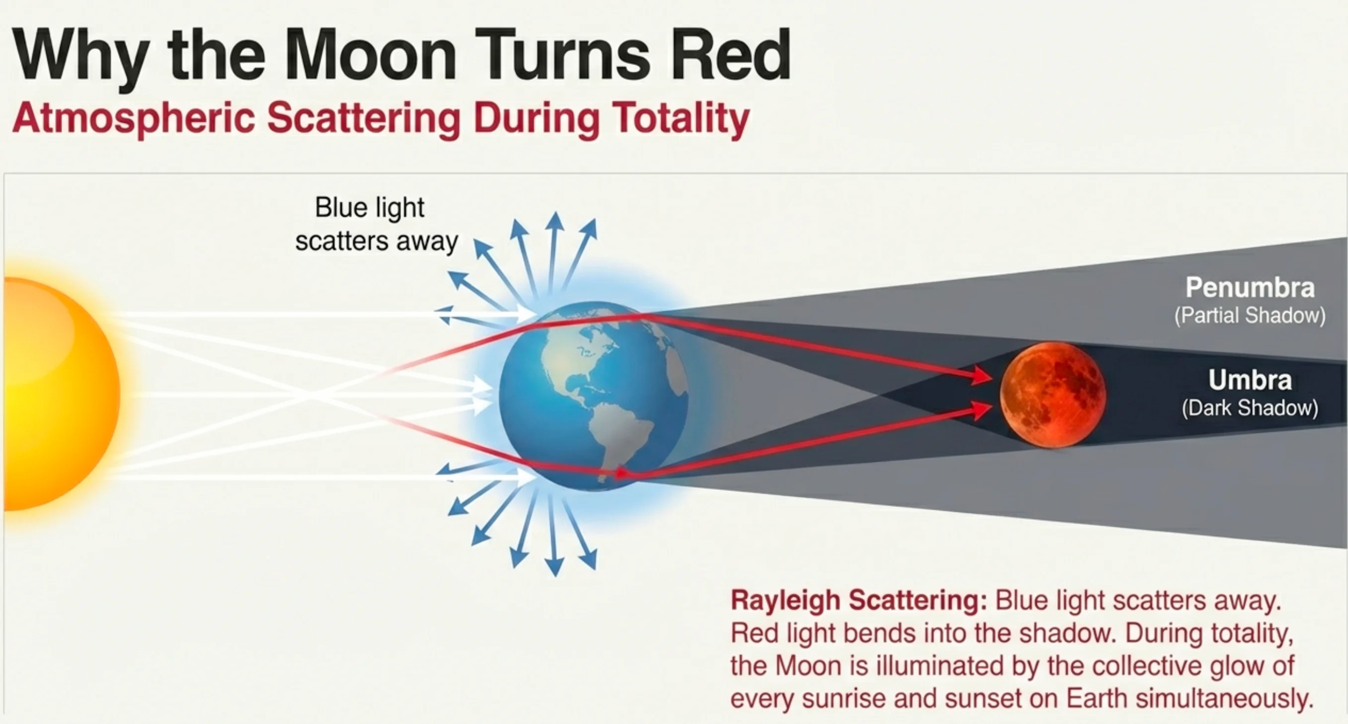 Illustration of a lunar eclipse showing Earth casting a shadow on the Moon, with an emphasis on the Moon appearing reddish during totality.