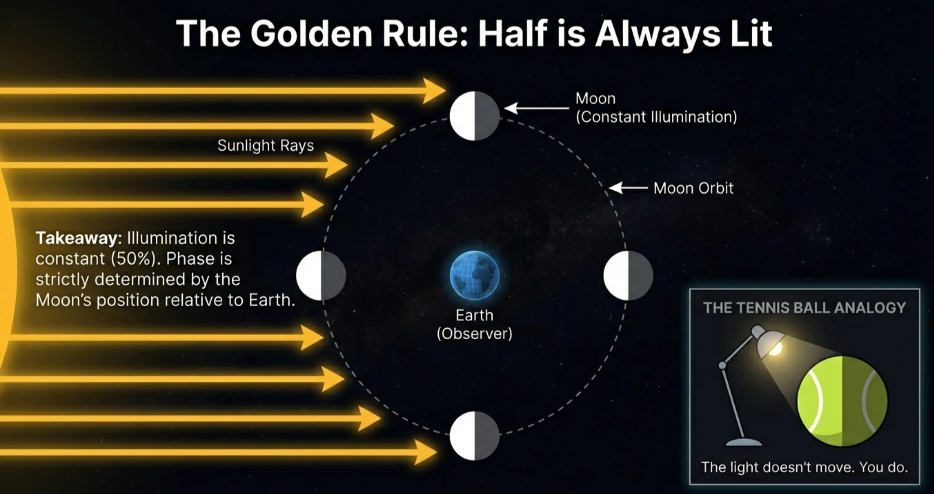 Diagram showing the Moon with one hemisphere illuminated by the Sun regardless of phase, emphasizing constant illumination geometry.