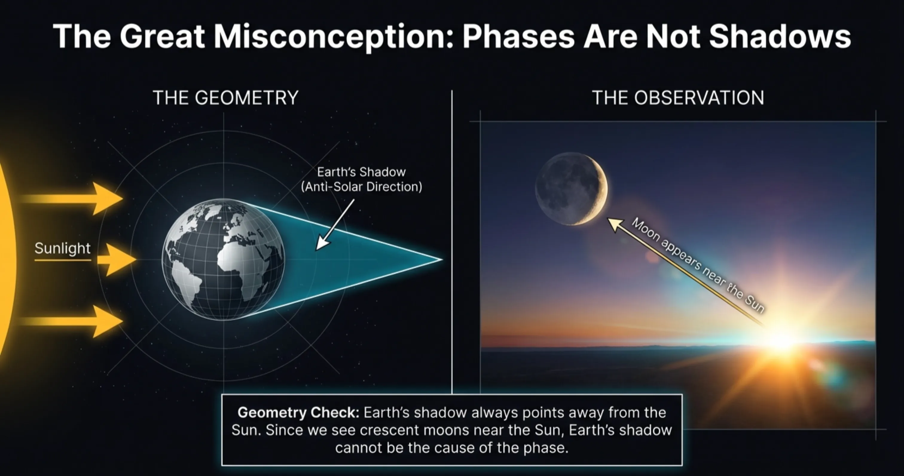 Graphic contrasting the incorrect idea that Earth’s shadow causes phases with the correct illumination-and-viewing-geometry explanation.