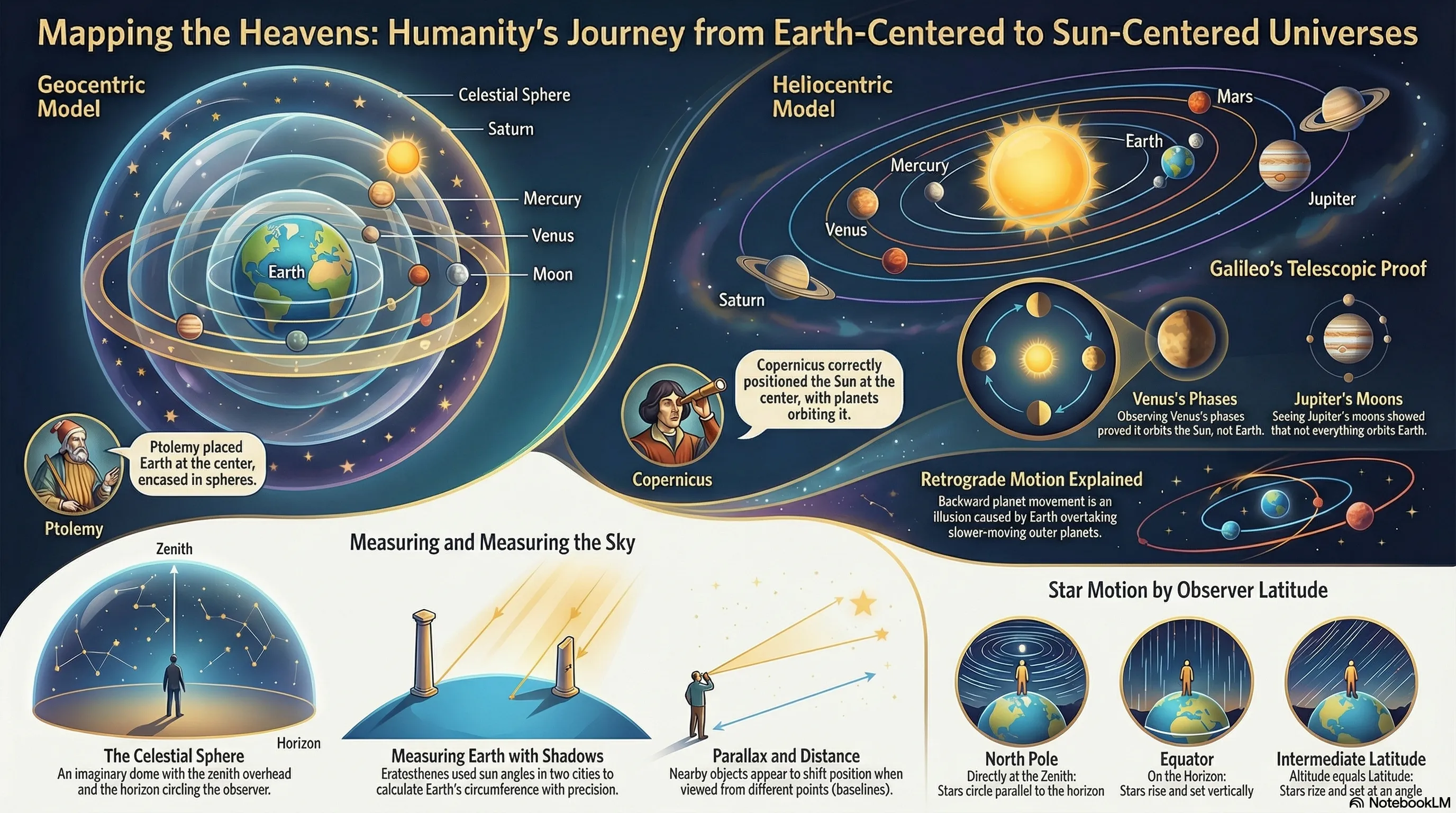 Infographic showing the evolution of orbital models: Ptolemaic geocentric system with Earth at center and epicycles, Copernican heliocentric system with Sun at center and circular orbits, and Keplerian system with elliptical orbits and the Sun at one focus.