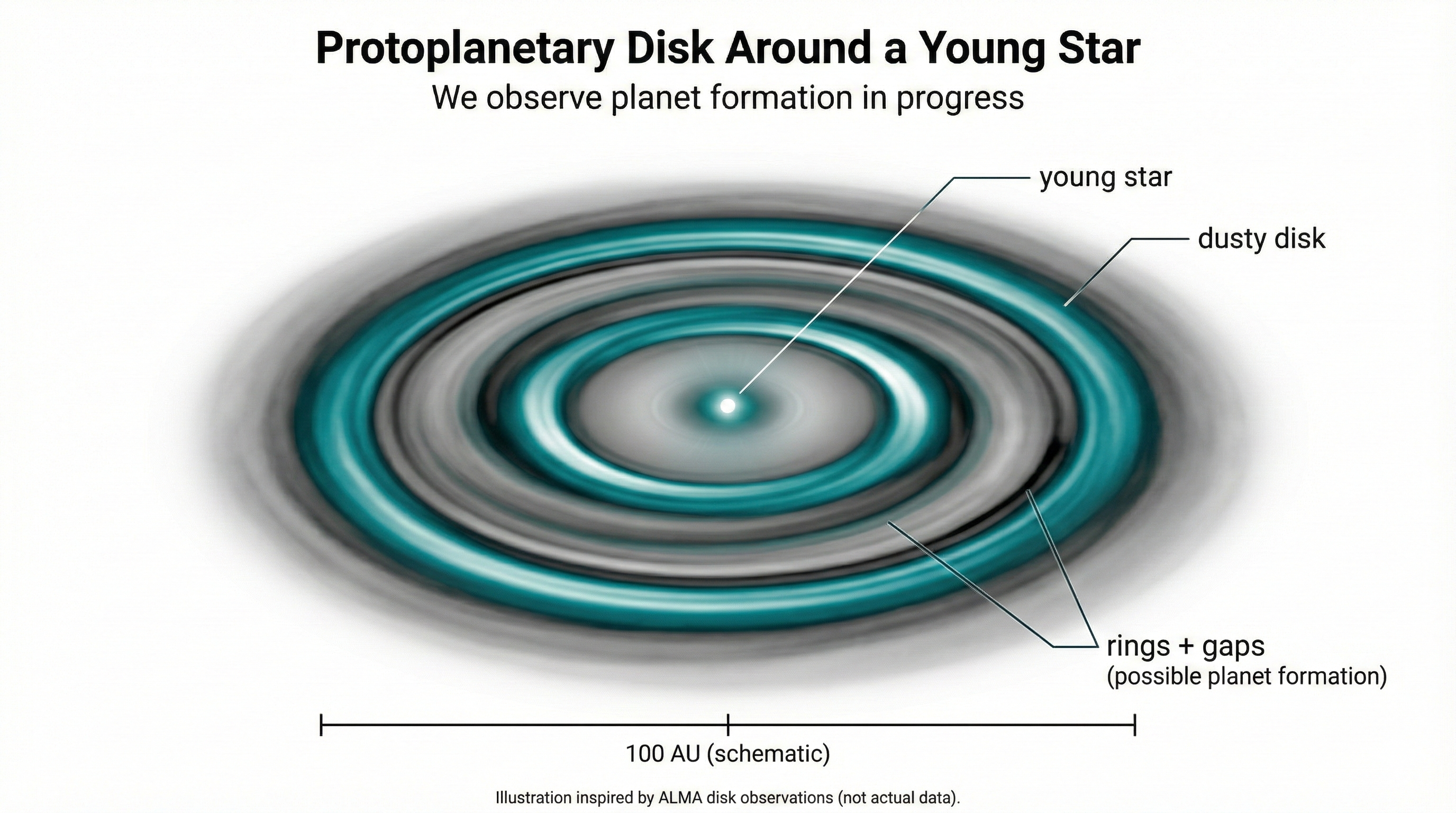 Illustration of a young star surrounded by a protoplanetary disk with labeled rings and gaps, described as possible signs of planet formation.
