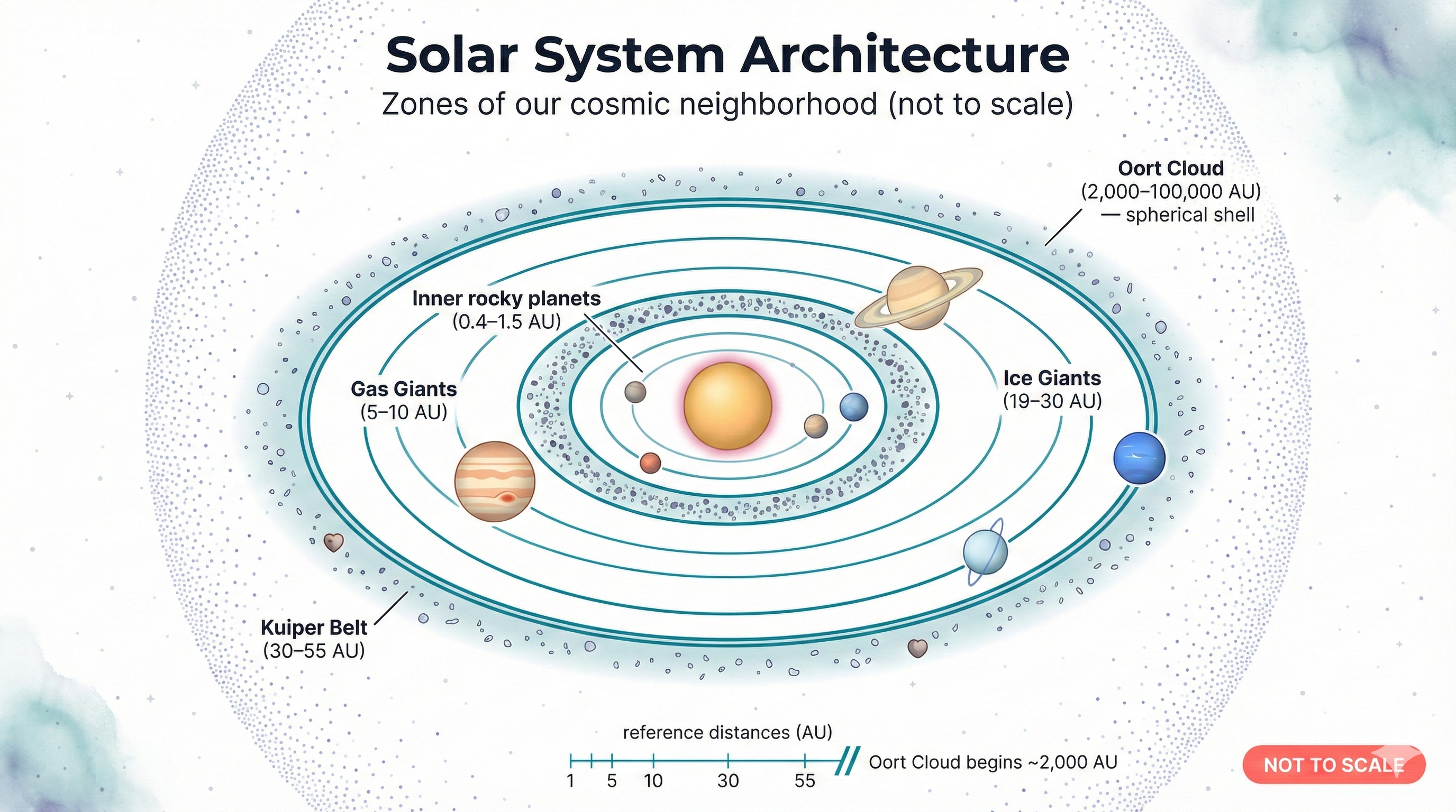 Diagram of the solar system labeled with zones: inner rocky planets, gas giants, ice giants, Kuiper Belt, and a distant Oort Cloud, with approximate distances in AU and a note that it is not to scale.