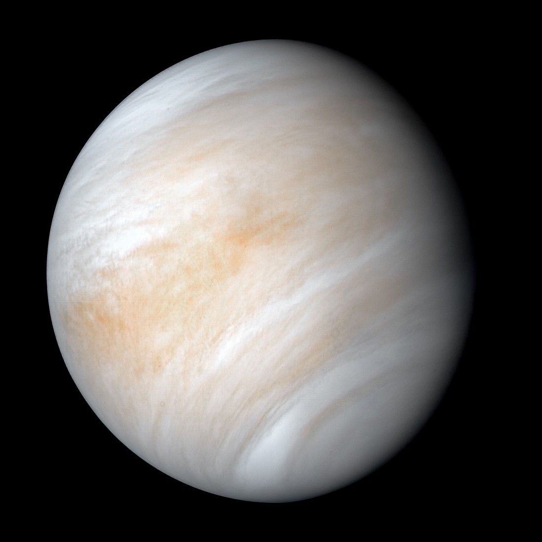 Image of Venus as a bright disk with thick cloud patterns and no visible surface features.