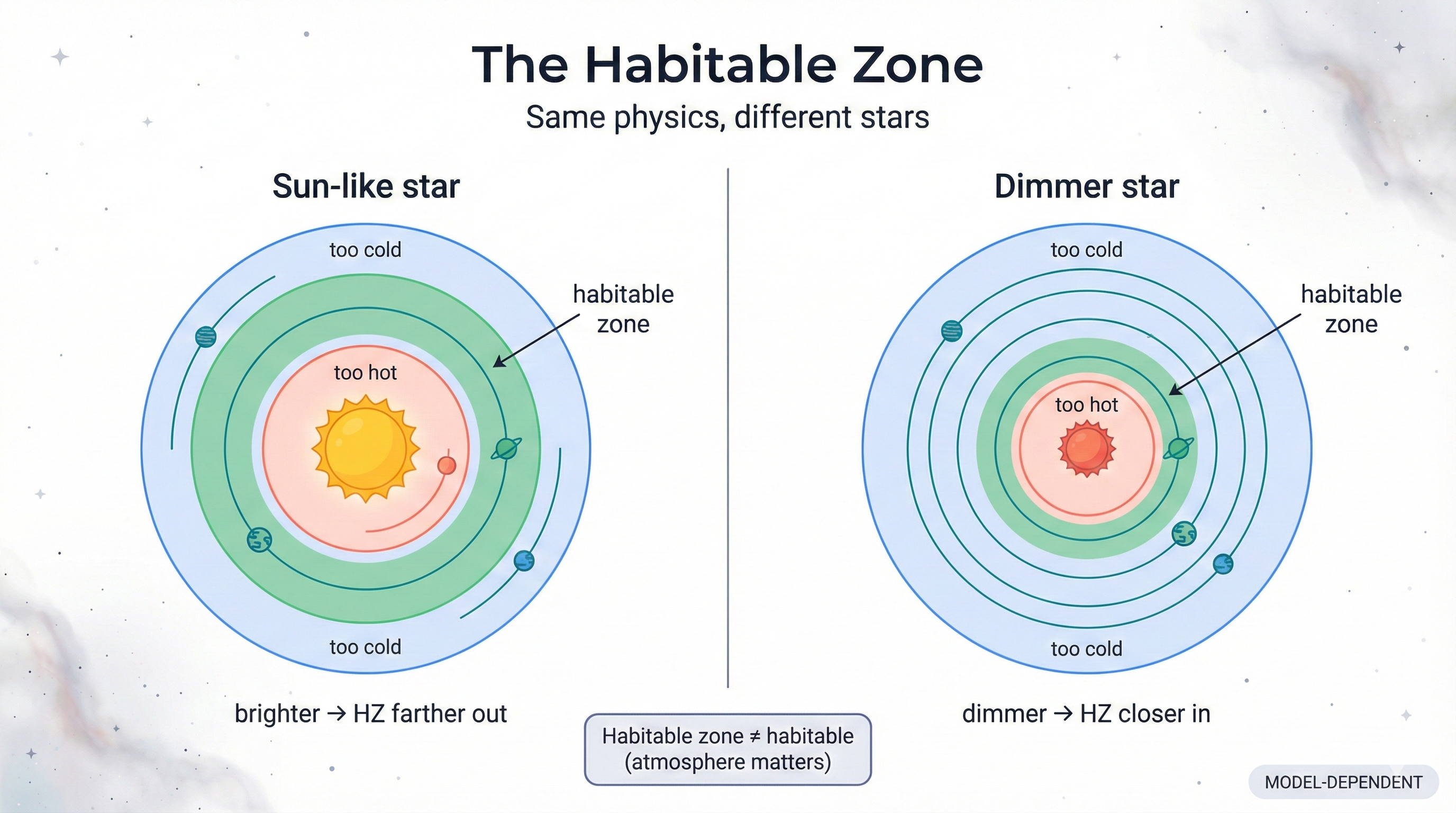 Two-panel diagram comparing the habitable zone around a Sun-like star versus a dimmer star, showing that the habitable zone shifts closer for dim stars and farther out for brighter stars, with labels for too hot and too cold regions.