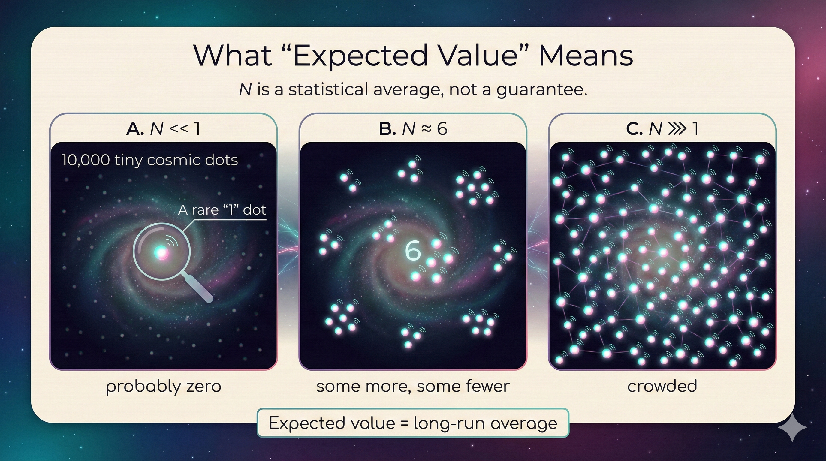 Three-panel graphic titled 'What Expected Value Means' showing examples for N much less than 1 (rare dot), N about 6 (several clusters), and N much greater than 1 (crowded network), emphasizing expected value as a statistical average.