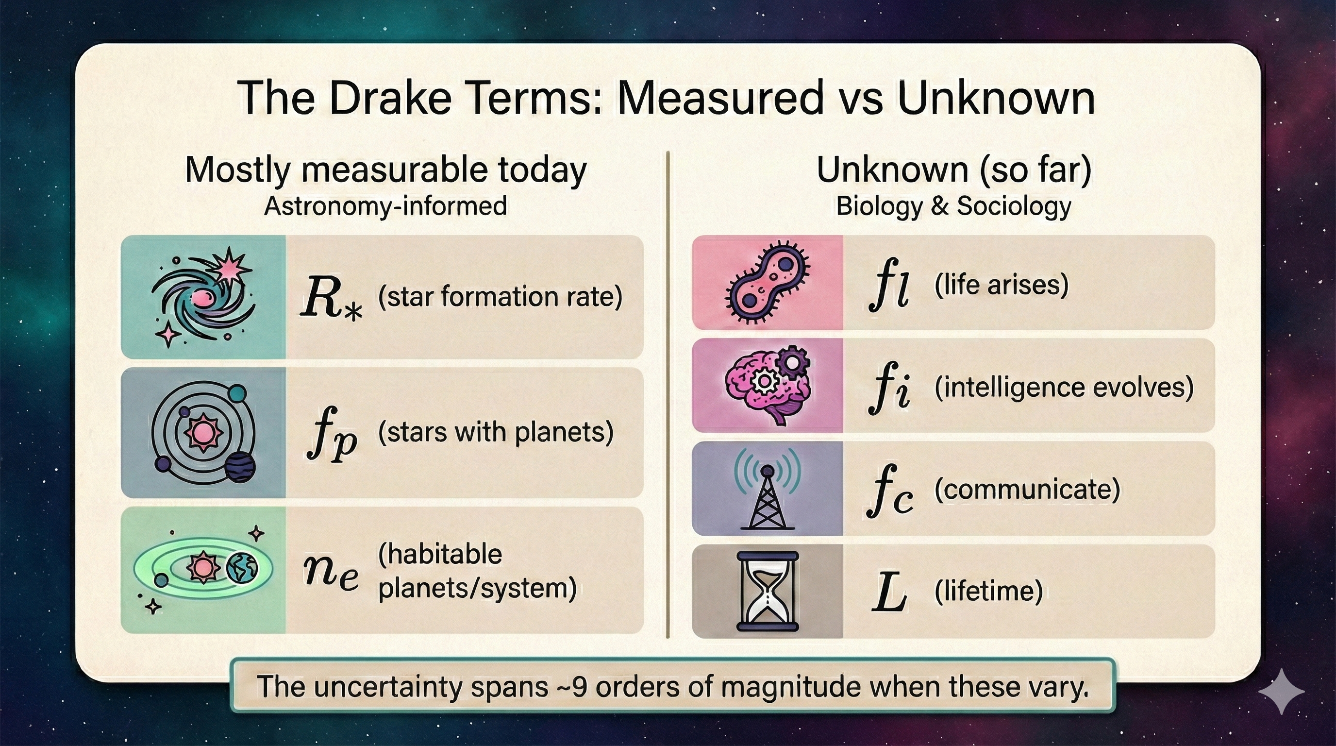 Two-column table titled 'The Drake Terms: Measured vs Unknown' listing R*, f_p, and n_e as mostly measurable today (astronomy-informed) and f_l, f_i, f_c, and L as unknown so far (biology and sociology).