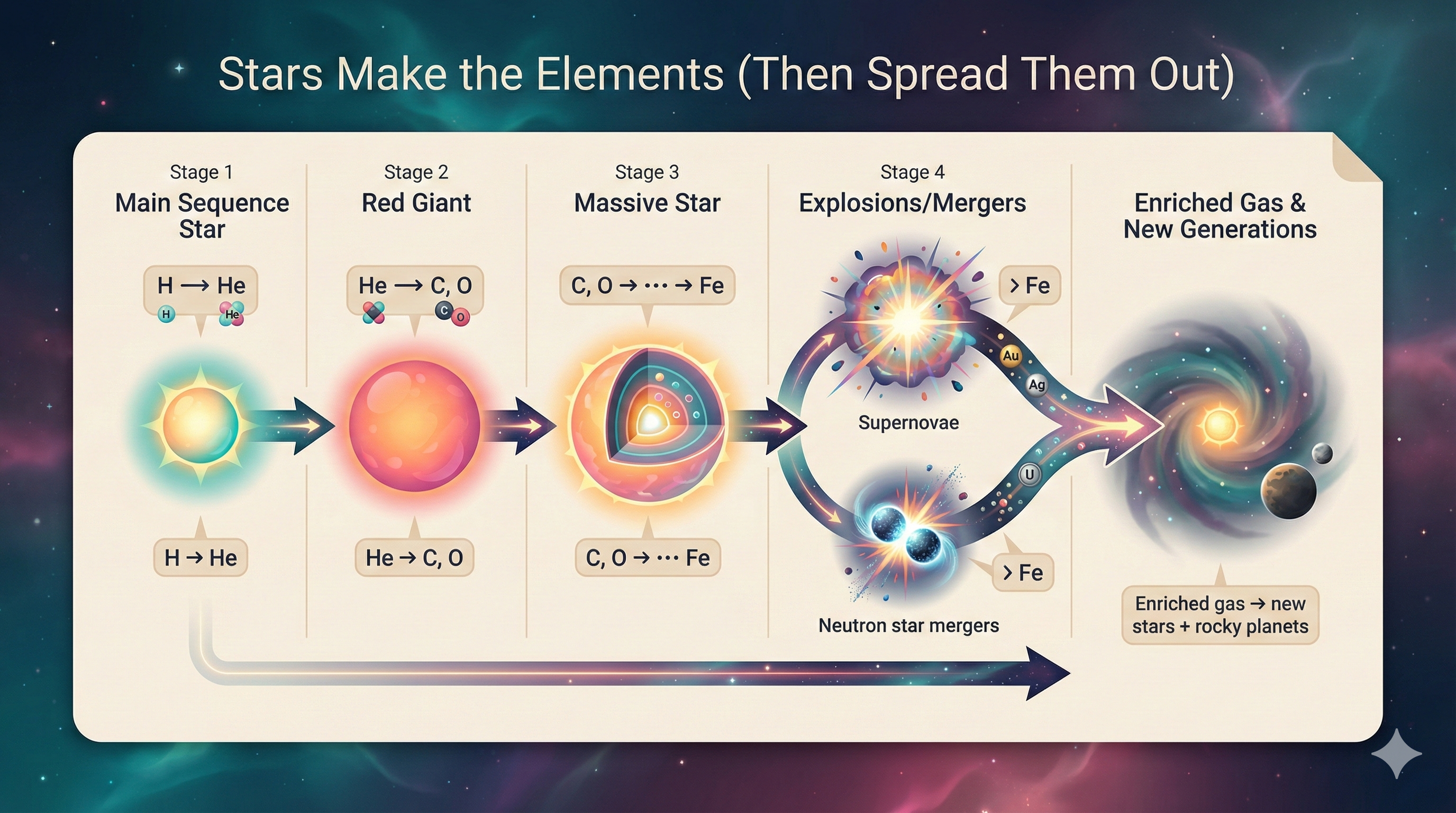 Timeline-style diagram showing a star’s life stages producing H→He, He→C/O, and C/O→…→Fe, then explosions/mergers producing elements heavier than iron and enriching gas that forms new stars and rocky planets.