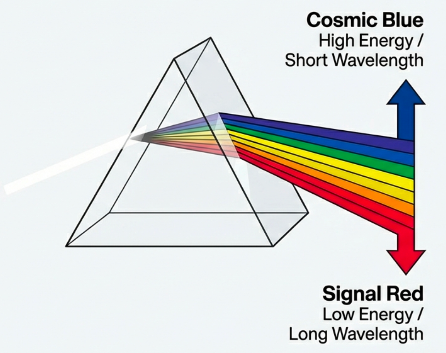 Diagram of white light entering a triangular prism and separating into a rainbow spectrum. Labels indicate Cosmic Blue (high energy, short wavelength) at top and Signal Red (low energy, long wavelength) at bottom.