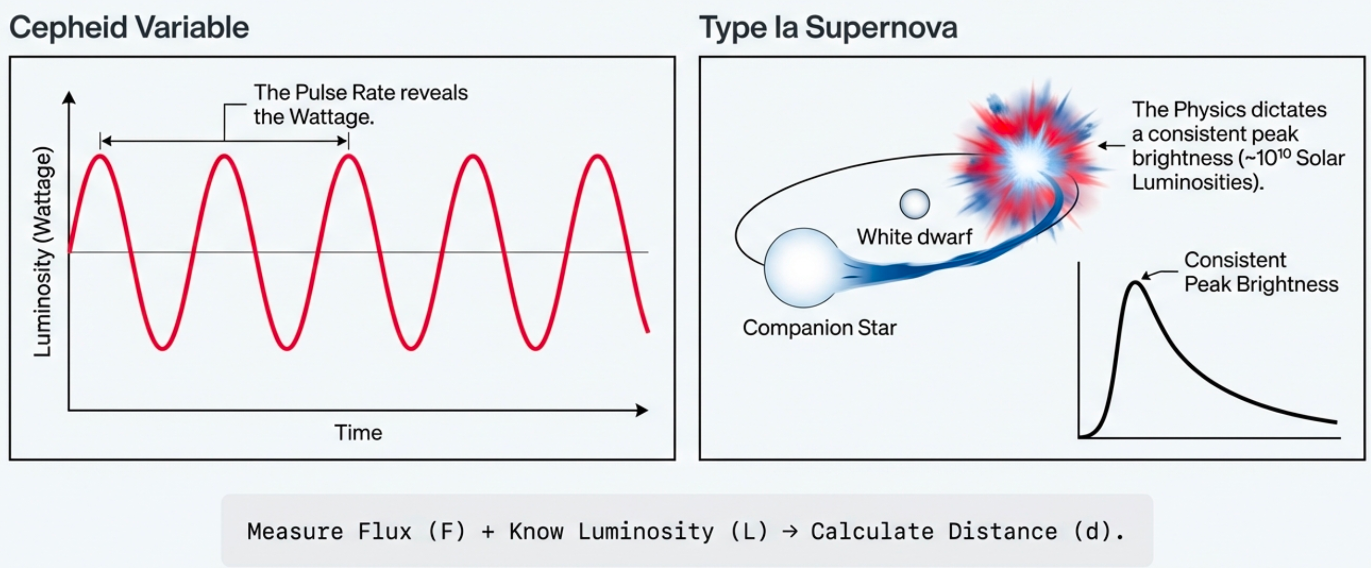 Two-panel diagram: Left shows Cepheid Variable with sinusoidal light curve where pulse rate reveals wattage. Right shows Type Ia Supernova with white dwarf accreting from companion star, producing consistent peak brightness (~10^9 solar luminosities). Bottom equation: Measure Flux (F) + Know Luminosity (L) → Calculate Distance (d).