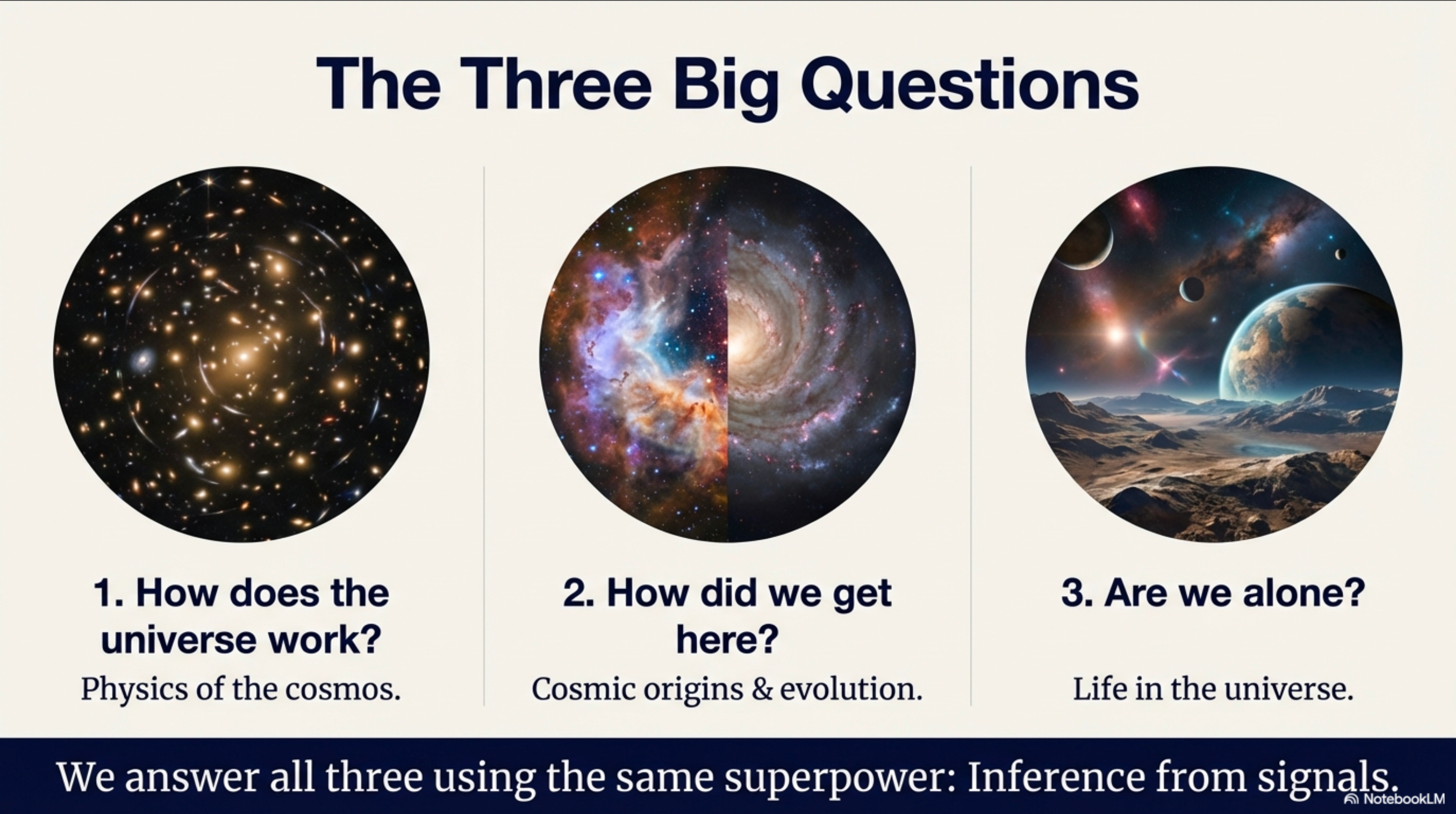 Three circular images with questions: (1) How does the universe work? - Physics of the cosmos, (2) How did we get here? - Cosmic origins and evolution, (3) Are we alone? - Life in the universe. Footer states: We answer all three using the same superpower: Inference from signals.