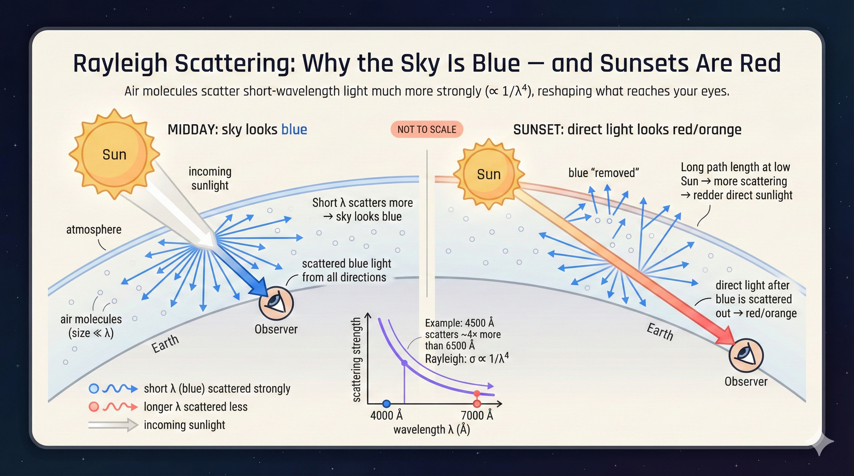 Educational sky-scattering visual showing how blue light scatters strongly through the atmosphere while redder light remains more direct along longer paths.