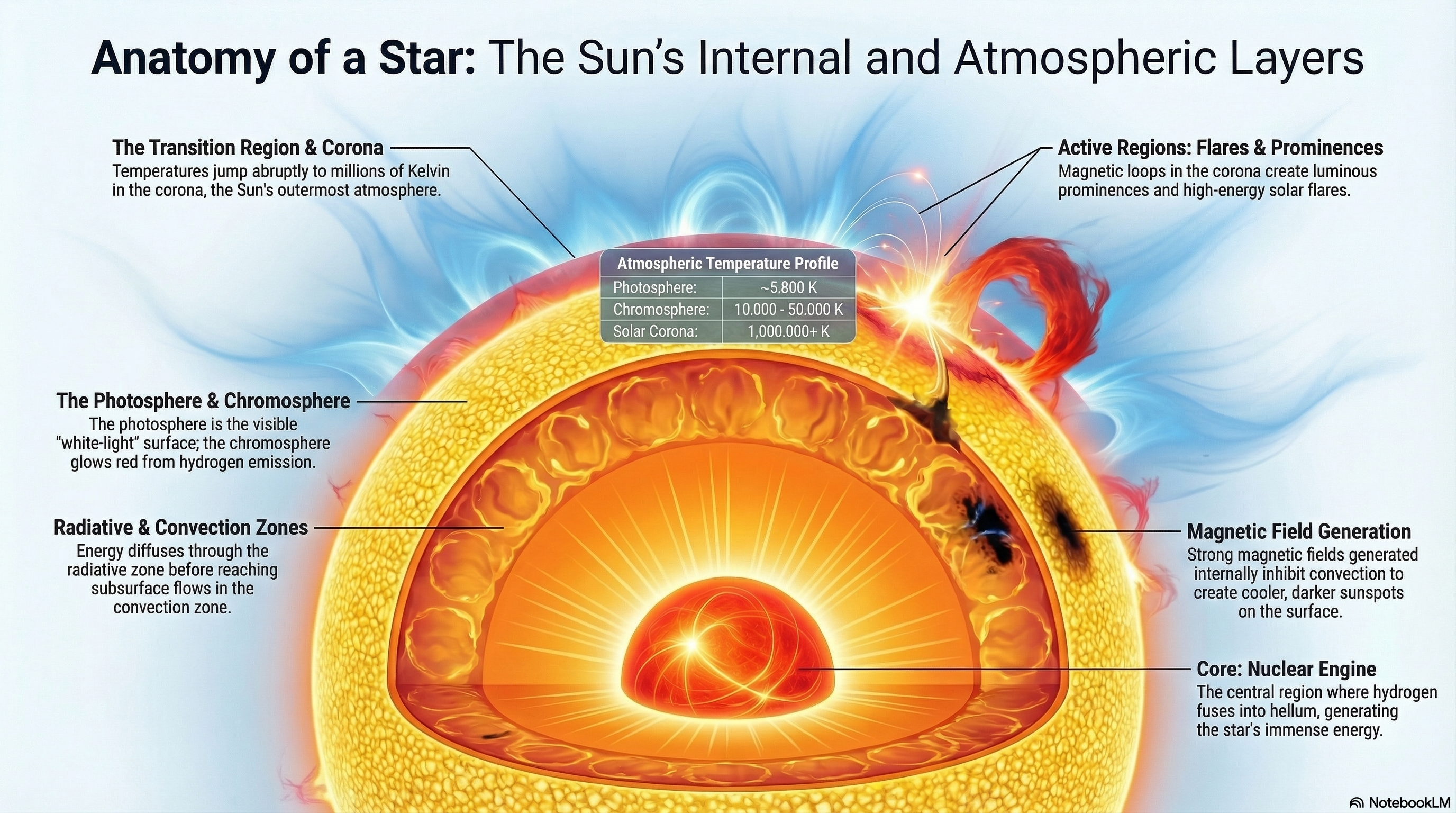 Annotated cutaway diagram of the Sun showing its interior and atmosphere, including the core, radiative zone, convective zone, photosphere, chromosphere, and corona, with labels indicating that fusion happens in the core and solar activity originates in the outer layers.