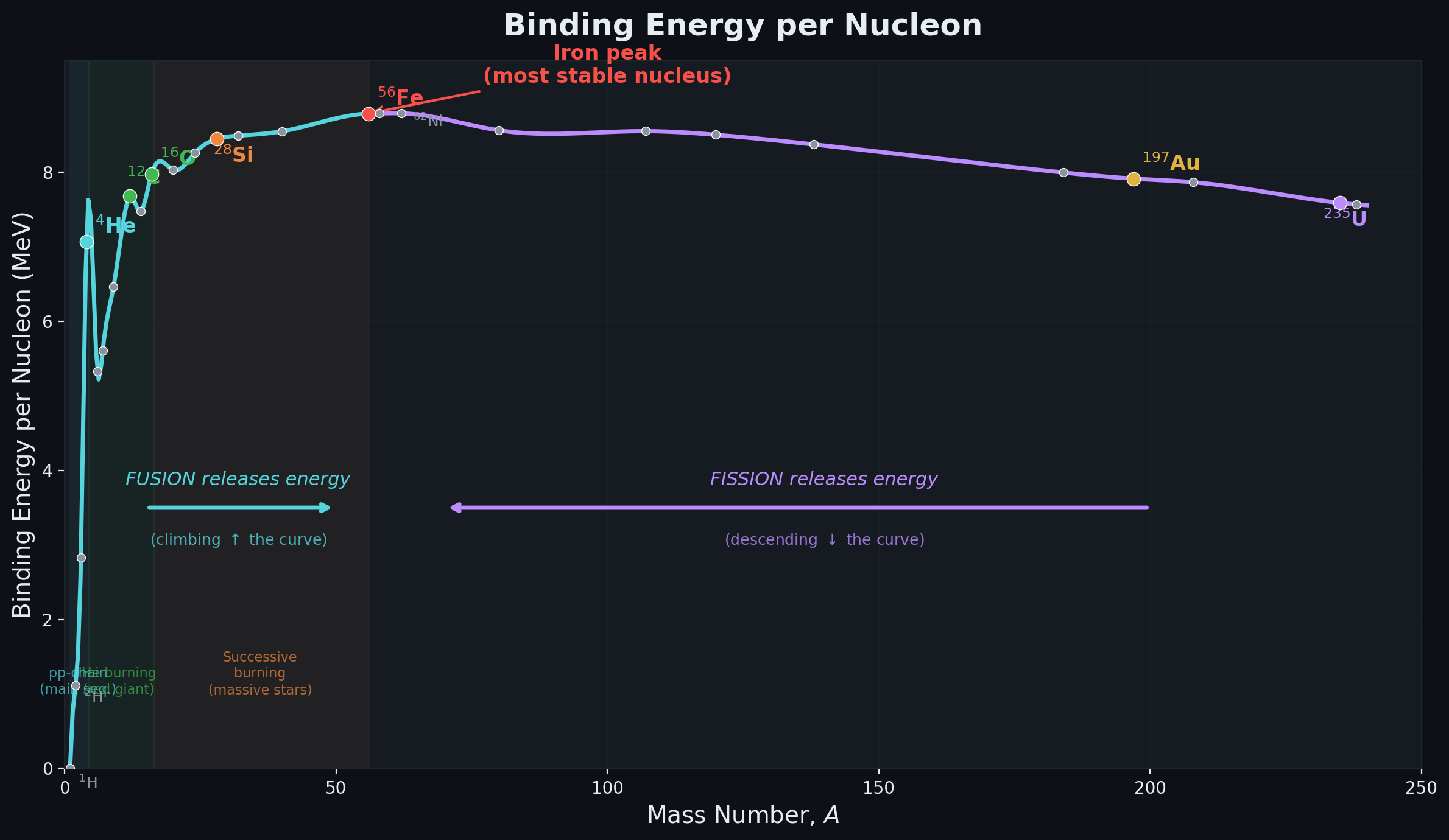 Graph of binding energy per nucleon versus mass number, rising steeply for light nuclei, peaking near iron-56, and then slowly declining for heavier nuclei, with arrows indicating why fusion of light elements and fission of very heavy elements release energy.