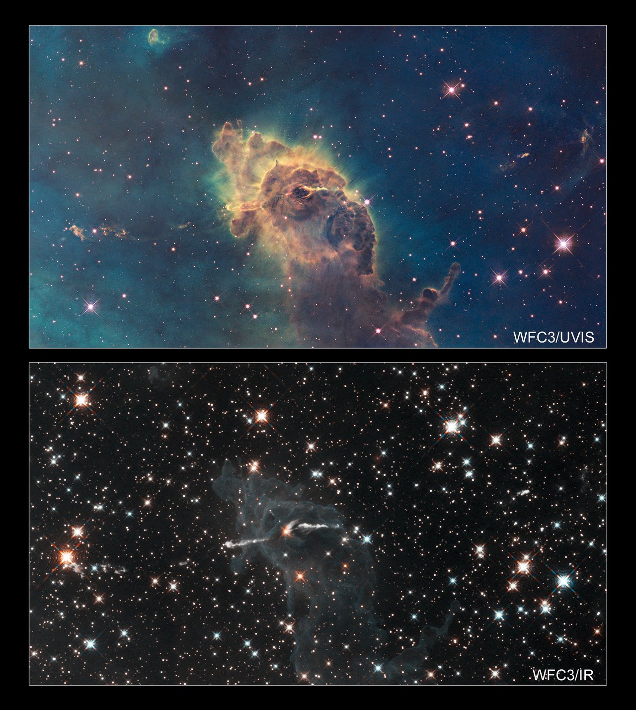 Two-panel Hubble comparison of a star-forming pillar in the Carina Nebula: the top visible-light panel shows a bright dusty pillar against glowing gas, while the bottom infrared panel reveals many stars and more internal structure through the dust.