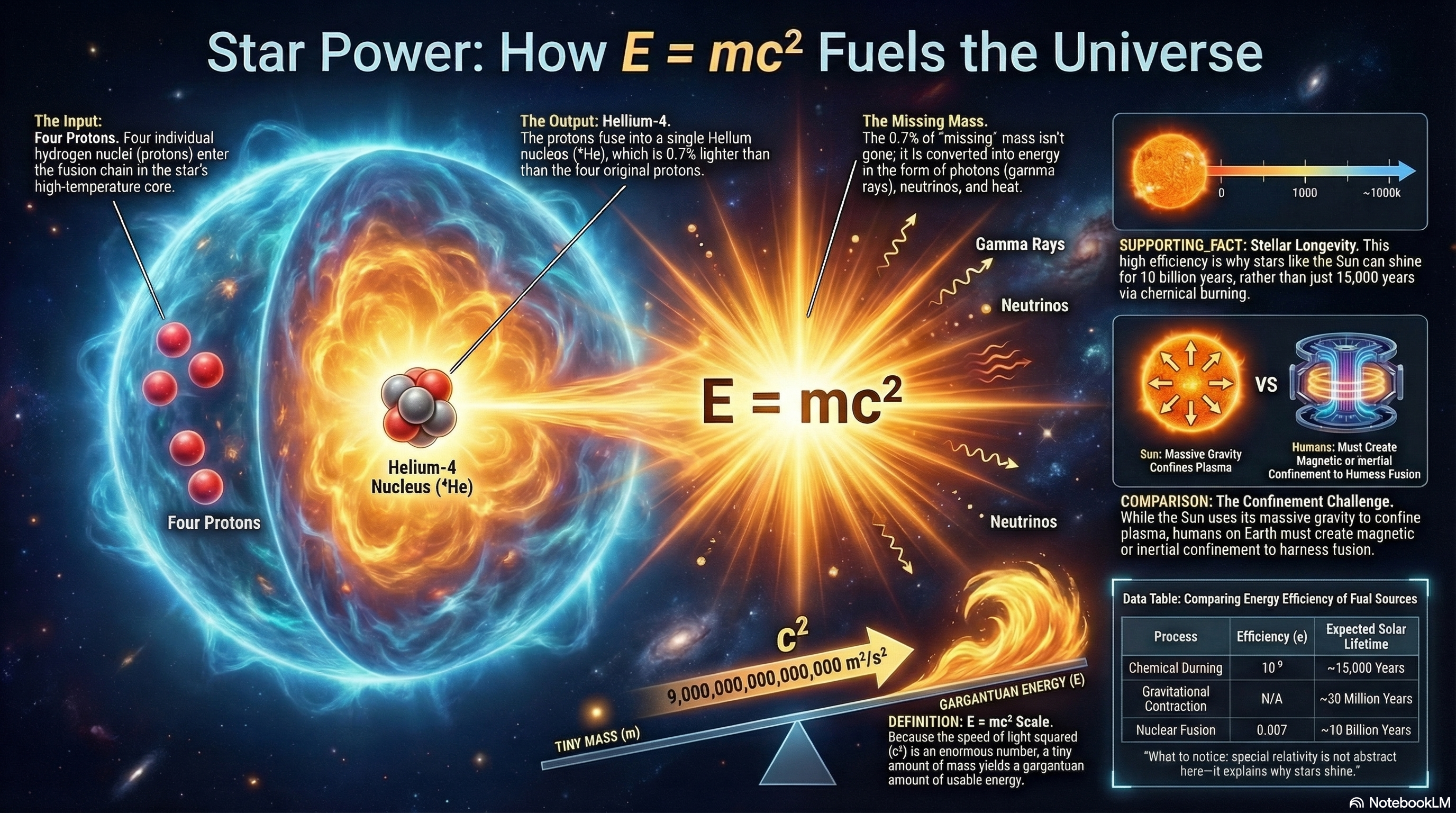 Infographic showing four protons fusing into a helium nucleus, with a highlighted mass difference converted into energy according to E equals mc squared, plus notes connecting this to stellar power and human fusion research.