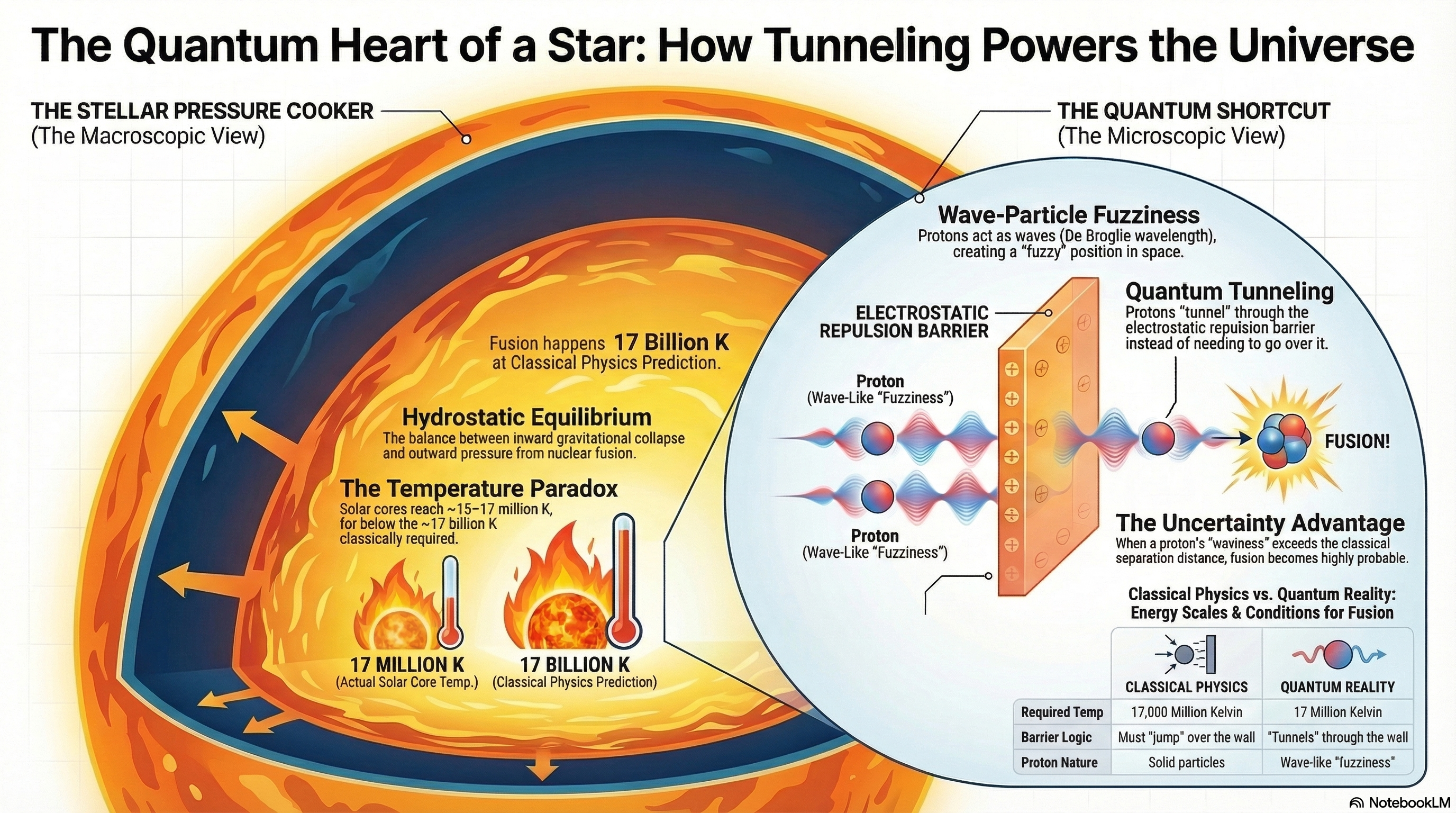 Infographic comparing the Sun's core temperature to the much higher classical fusion threshold and illustrating protons tunneling through the electrostatic barrier because of quantum mechanics.