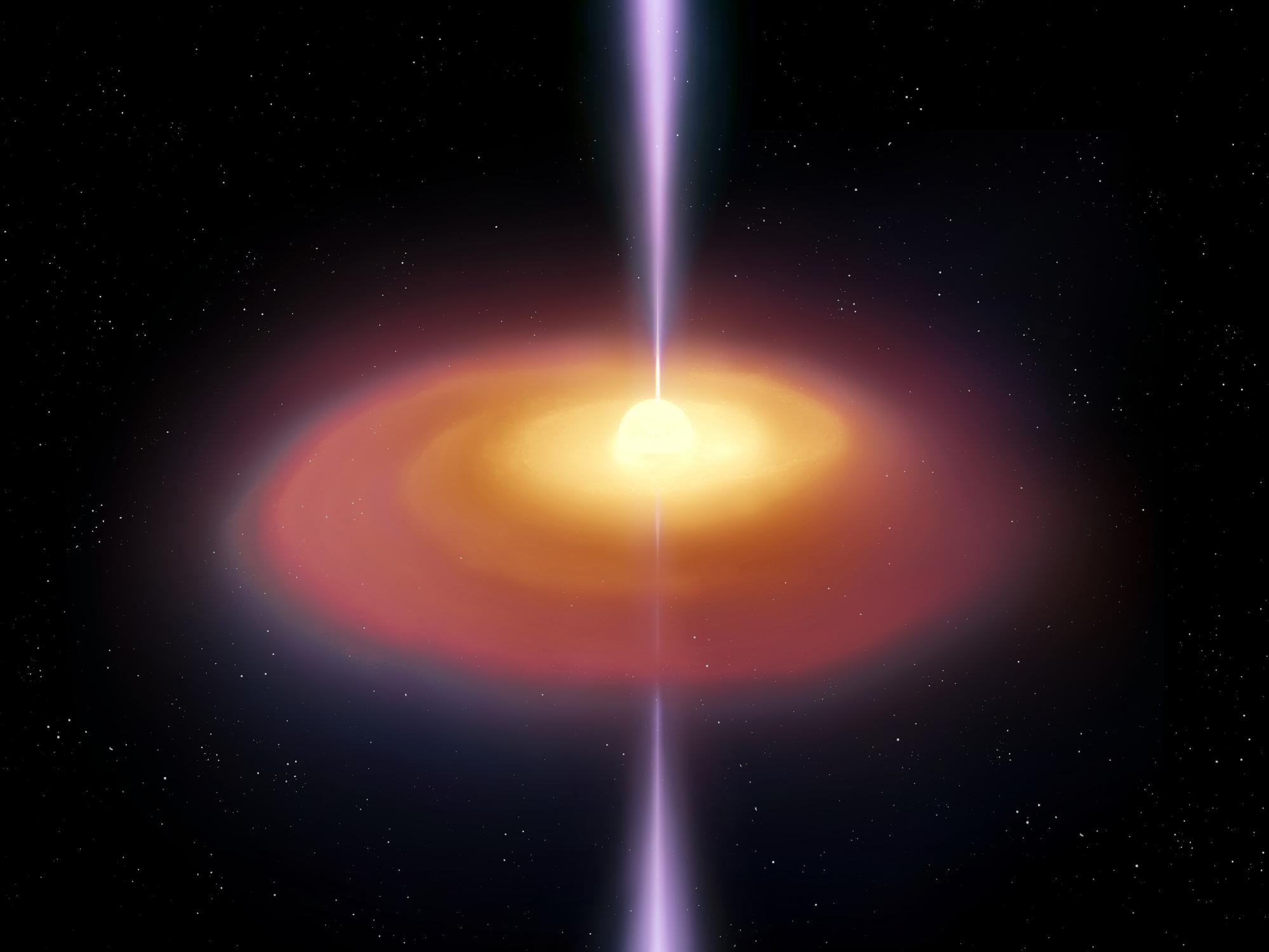 Artist's concept of a young forming star surrounded by a glowing flattened disk, with narrow bipolar jets emerging perpendicular to the disk.