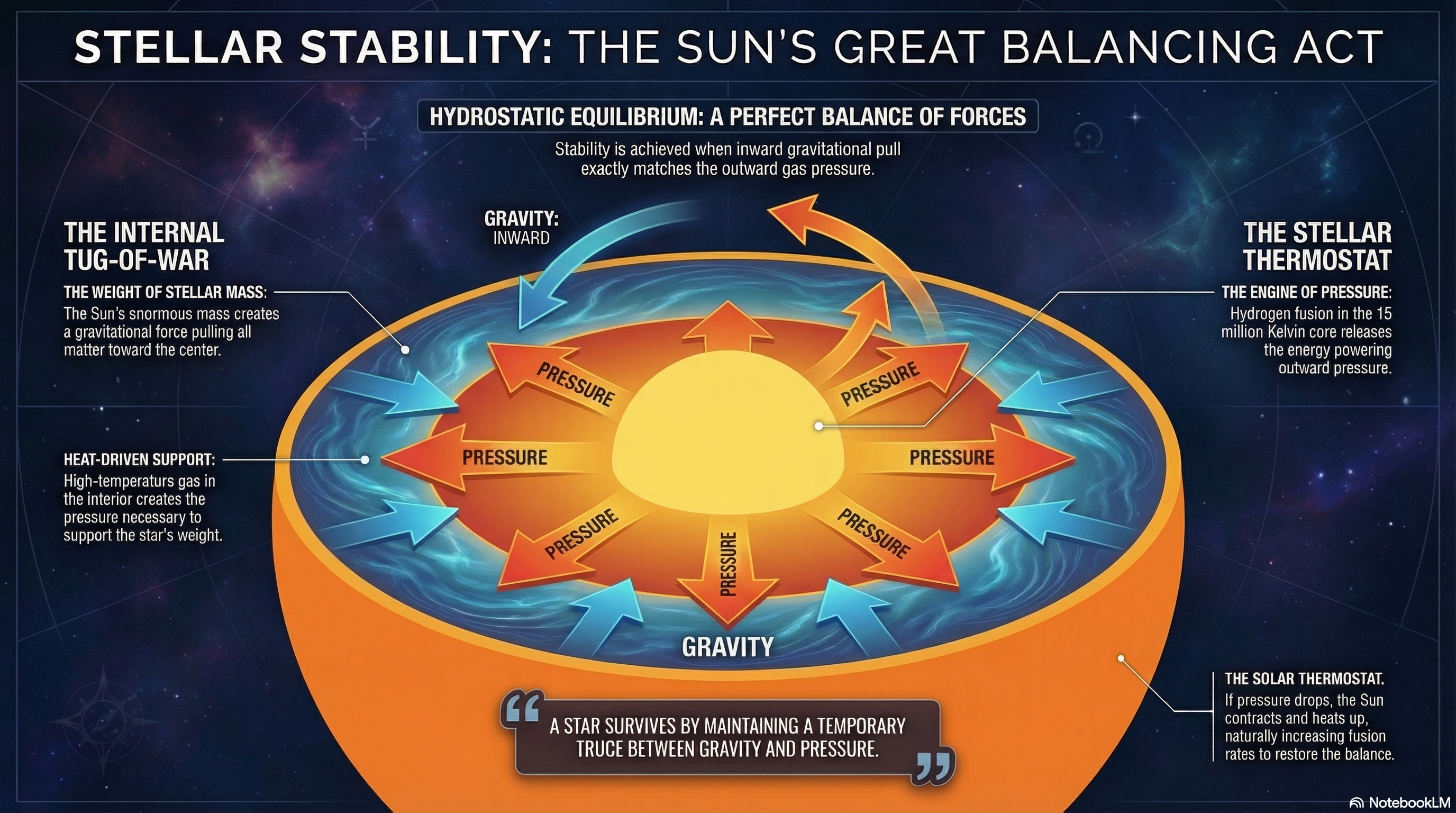 Infographic cutaway of the Sun showing blue arrows of gravity pointing inward, orange arrows of pressure pushing outward, and labels explaining hydrostatic equilibrium and the solar thermostat.