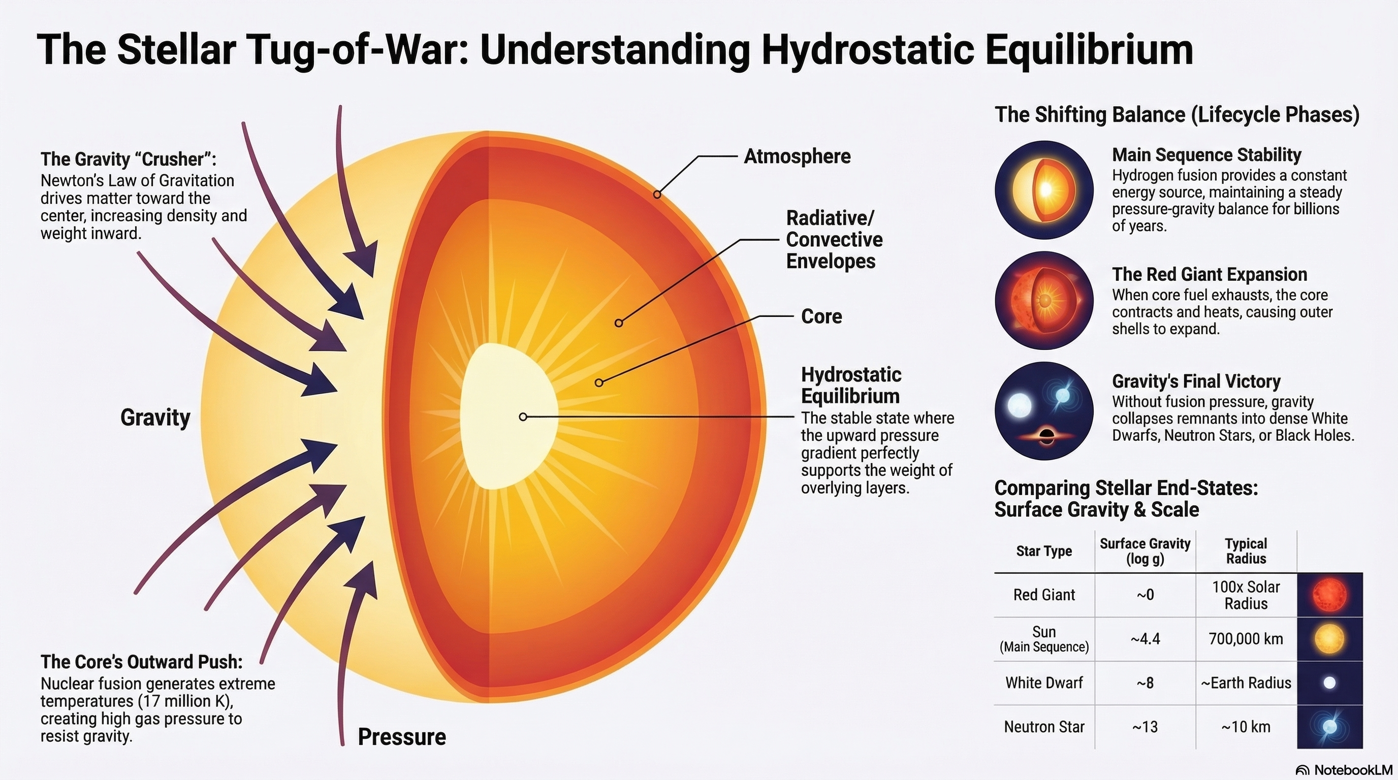 Infographic cutaway of a star titled The Stellar Tug-of-War, with arrows showing gravity inward and pressure outward, labeled stellar layers, and side panels comparing the balance during the main sequence, red giant expansion, and compact-remnant formation.