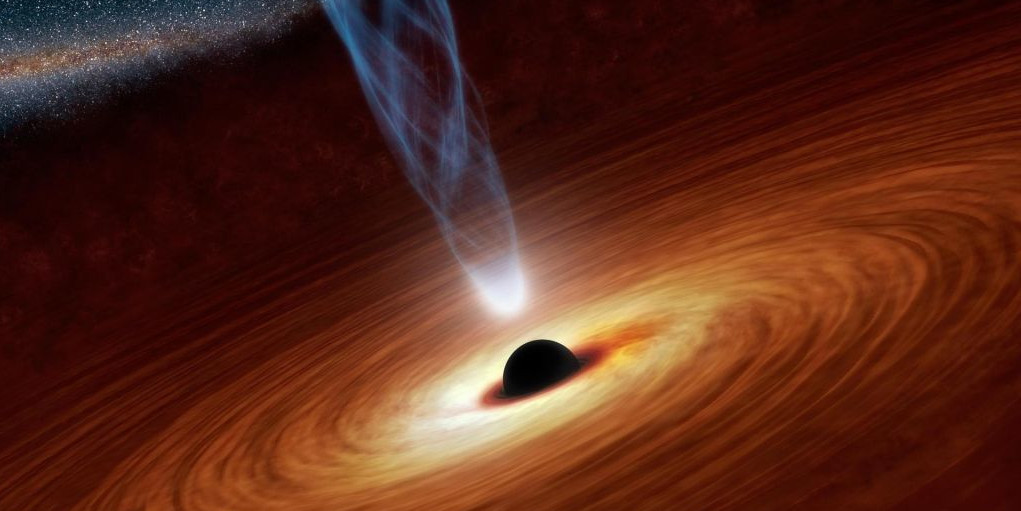 Artist's rendition of a black hole with a glowing accretion disk and a jet, illustrating gas falling inward and producing high-energy radiation.