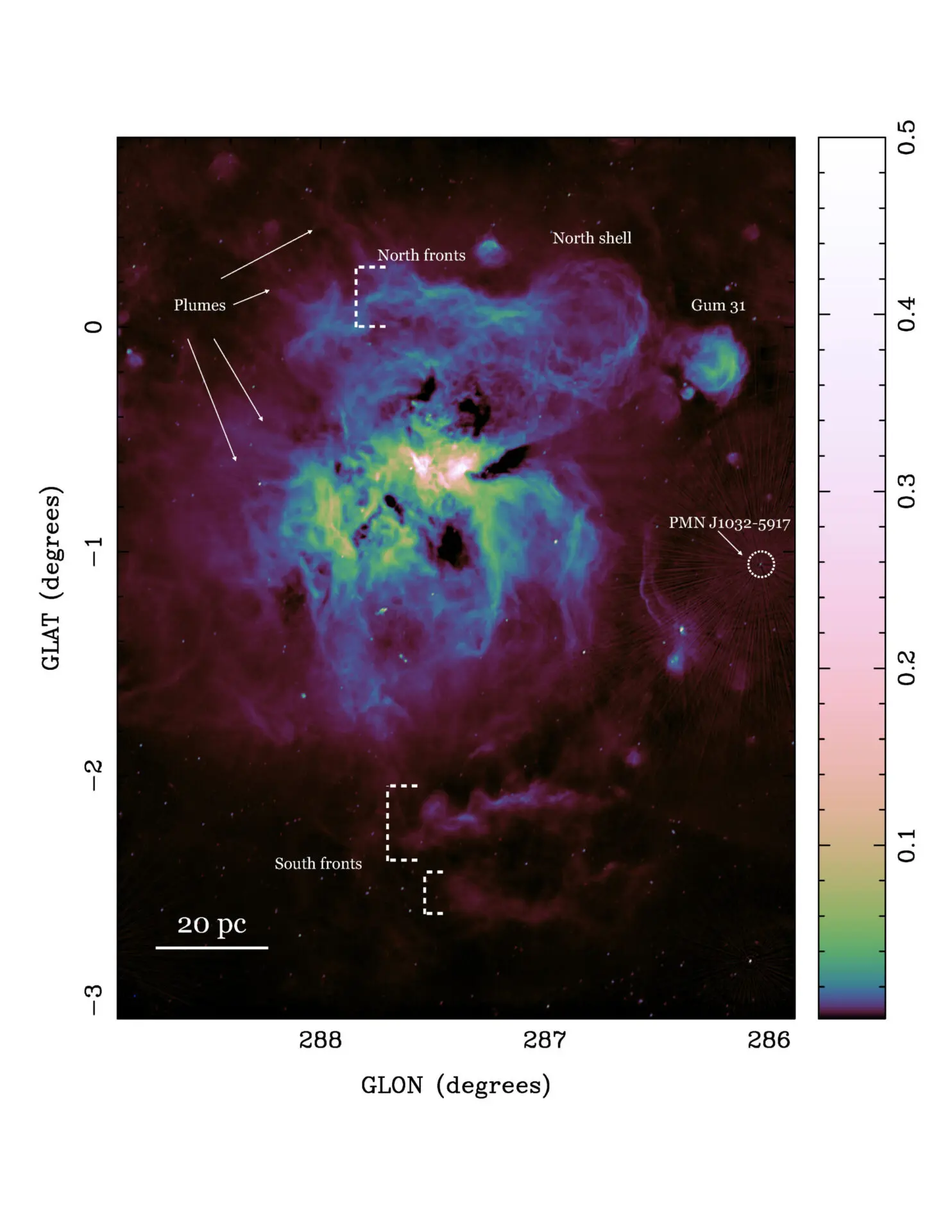 False-color radio-continuum map of the Carina region in Galactic longitude and latitude, with labels for plumes, north fronts, north shell, south fronts, Gum 31, and PMN J1032-5917, plus a 20 parsec scale bar.