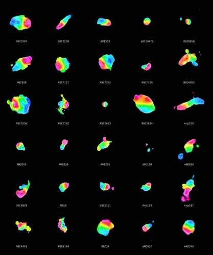 Grid of false-color molecular-gas maps for many interacting or merging galaxies. Each small panel shows a different galaxy pair or merger with gas concentrated in irregular, offset, or extended structures.