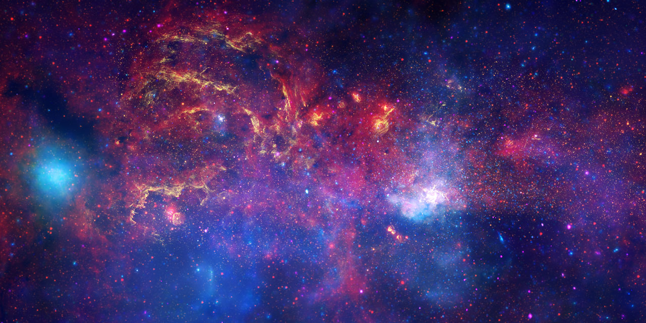 False-color panoramic image of the Milky Way's Galactic Center, with blue and purple high-energy emission mixed with reddish and golden dust and star-forming structures.