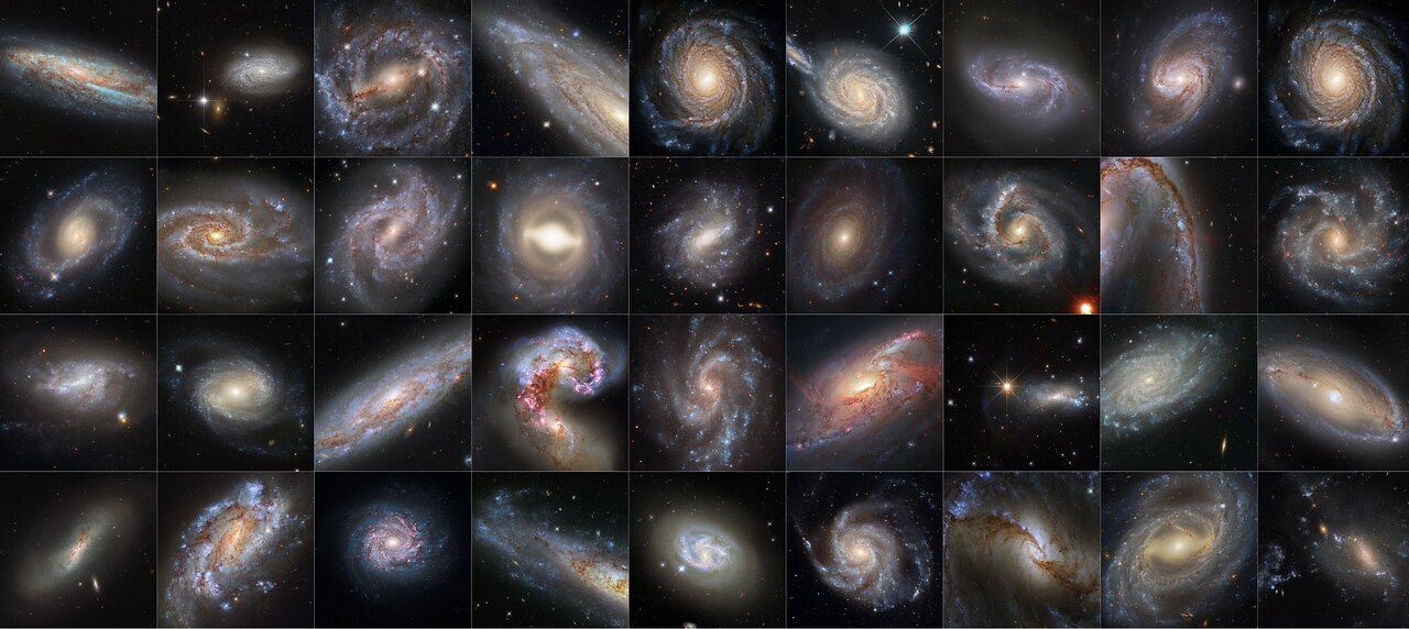 Montage of many Hubble galaxy images used as Type Ia supernova host galaxies, showing spirals, inclined disks, and irregular-looking systems in small panels.