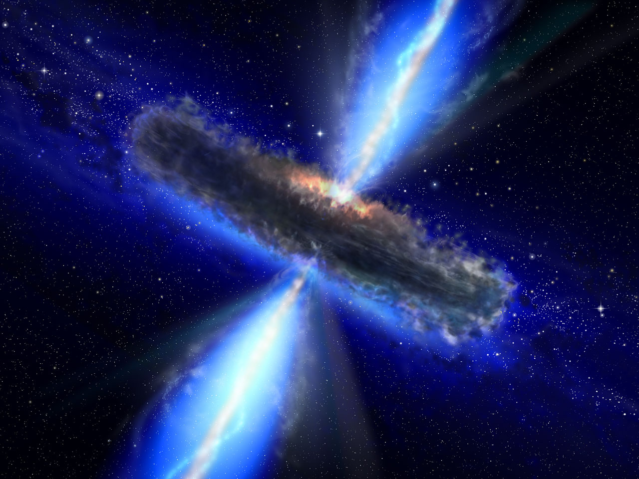 Artist's impression of a quasar or active galactic nucleus with a dark dusty disk around a brilliant central source and blue-white jets emerging in opposite directions.