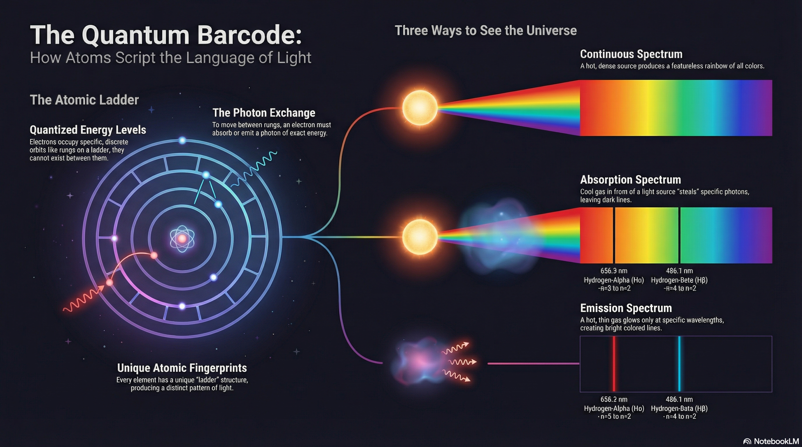 Diagram titled 'The Quantum Barcode' showing three parts: Left - an atom with quantized energy levels depicted as a ladder, with electrons occupying specific rungs. Center - 'The Photon Exchange' showing electrons absorbing or emitting photons of exact energy when jumping between levels. Right - 'Three Ways to See the Universe': continuous spectrum (rainbow from hot dense source), absorption spectrum (rainbow with dark lines from cool gas absorbing), and emission spectrum (bright lines on dark background from hot thin gas).