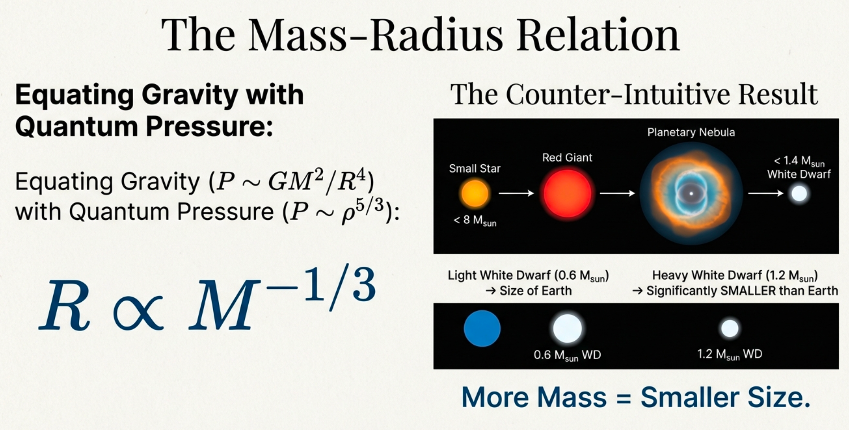 Shows R ∝ M^(-1/3) derived by equating gravity (P ~ GM²/R⁴) with quantum pressure (P ~ ρ^(5/3)). Diagram compares stellar evolution path and white dwarf sizes: a 0.6 M☉ white dwarf is Earth-sized while a 1.2 M☉ white dwarf is significantly SMALLER than Earth. More mass = smaller size.