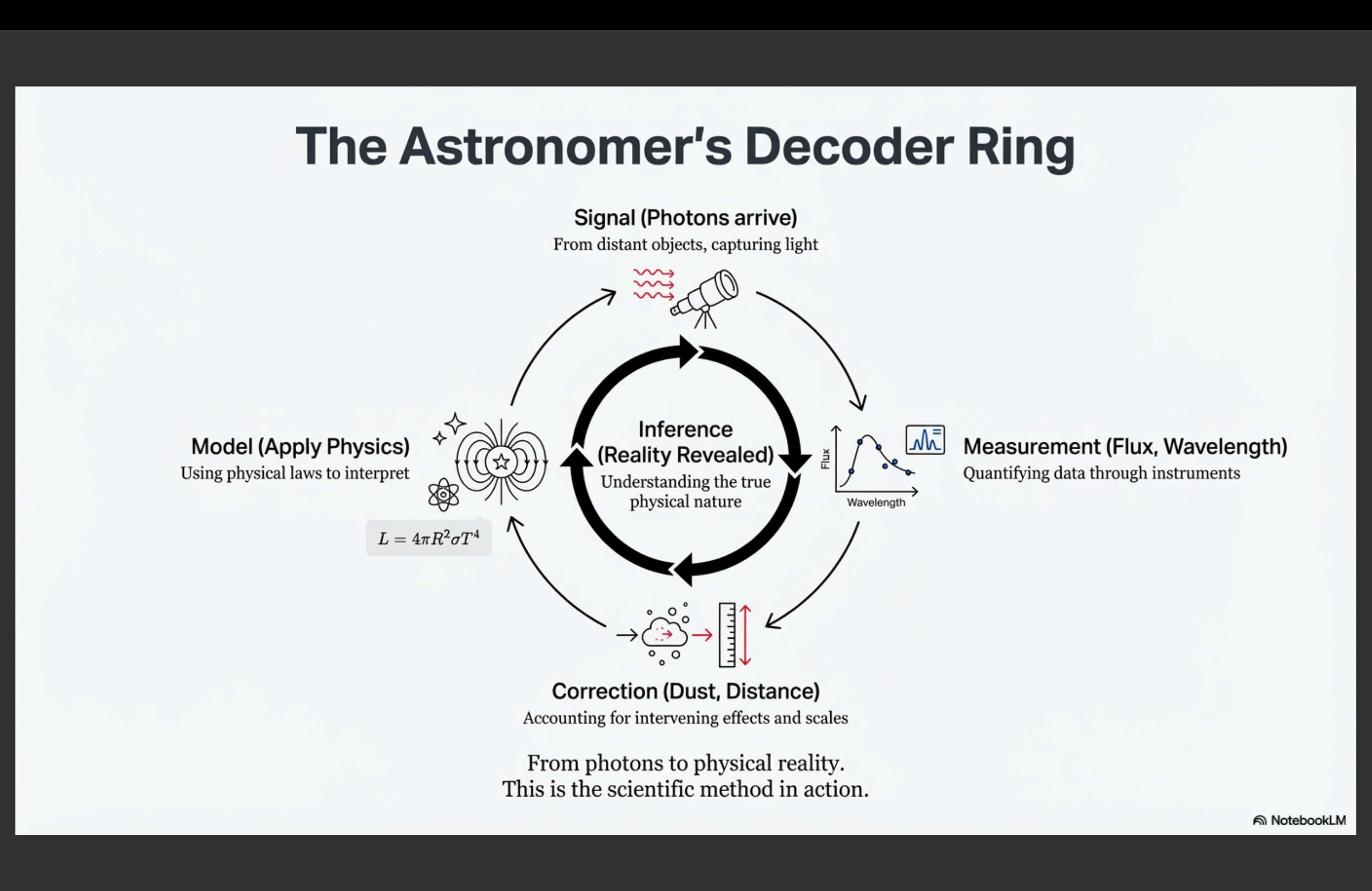 Circular flowchart titled 'The Astronomer's Decoder Ring' with Inference (Reality Revealed) at center. Four stages around the circle: Signal (photons arrive from distant objects), Measurement (flux and wavelength quantified through instruments), Model (apply physics like L=4πR²σT⁴), Correction (account for dust and distance). Caption: From photons to physical reality—this is the scientific method in action.
