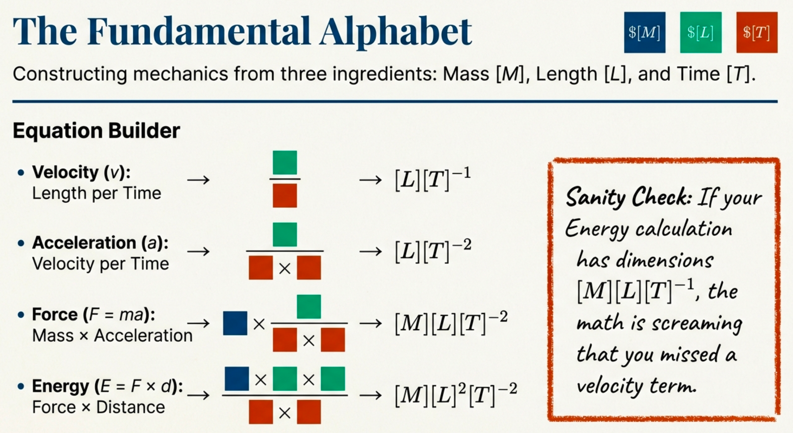 Visual equation builder showing how Mass [M], Length [L], and Time [T] combine like building blocks: Velocity = L/T → [L][T]^-1, Acceleration = velocity/time → [L][T]^-2, Force = mass × acceleration → [M][L][T]^-2, Energy = force × distance → [M][L]²[T]^-2. Includes sanity check: if your energy calculation has dimensions [M][L][T]^-1, you missed a velocity term.