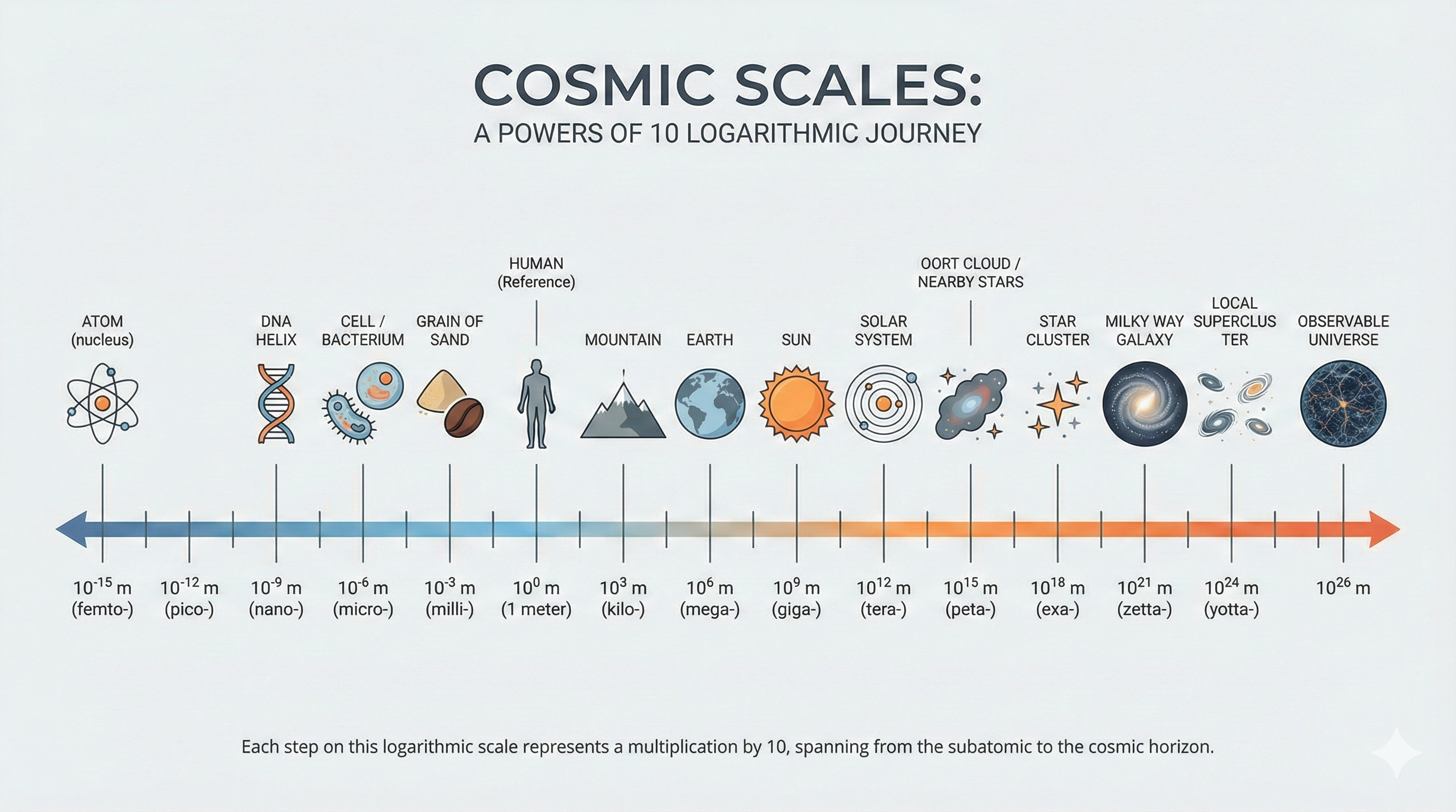 Horizontal logarithmic scale from 10^-15 m (femto) to 10^26 m showing icons for atom, DNA helix, cell, grain of sand, human (reference point), mountain, Earth, Sun, solar system, Oort cloud/nearby stars, star cluster, Milky Way, local supercluster, and observable universe. Each step represents multiplication by 10.
