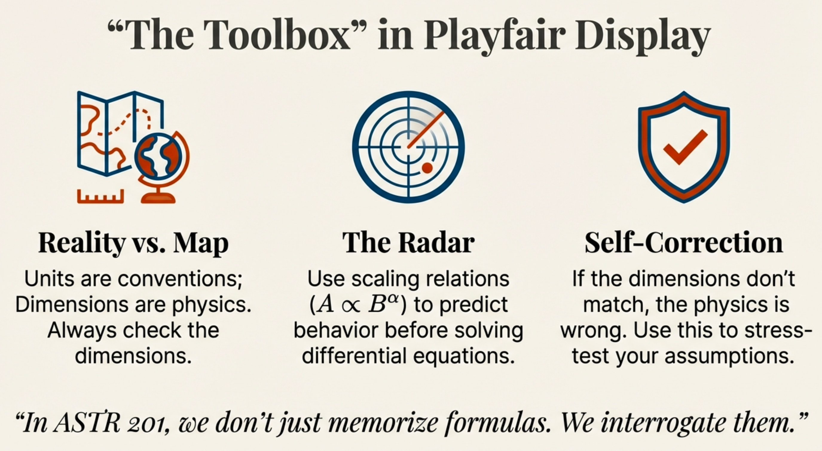 Three-panel overview: (1) Reality vs Map - units are conventions, dimensions are physics, (2) The Radar - use scaling relations A ∝ B^α to predict behavior before solving equations, (3) Self-Correction - if dimensions don't match, the physics is wrong. Quote: 'In ASTR 201, we don't just memorize formulas. We interrogate them.'