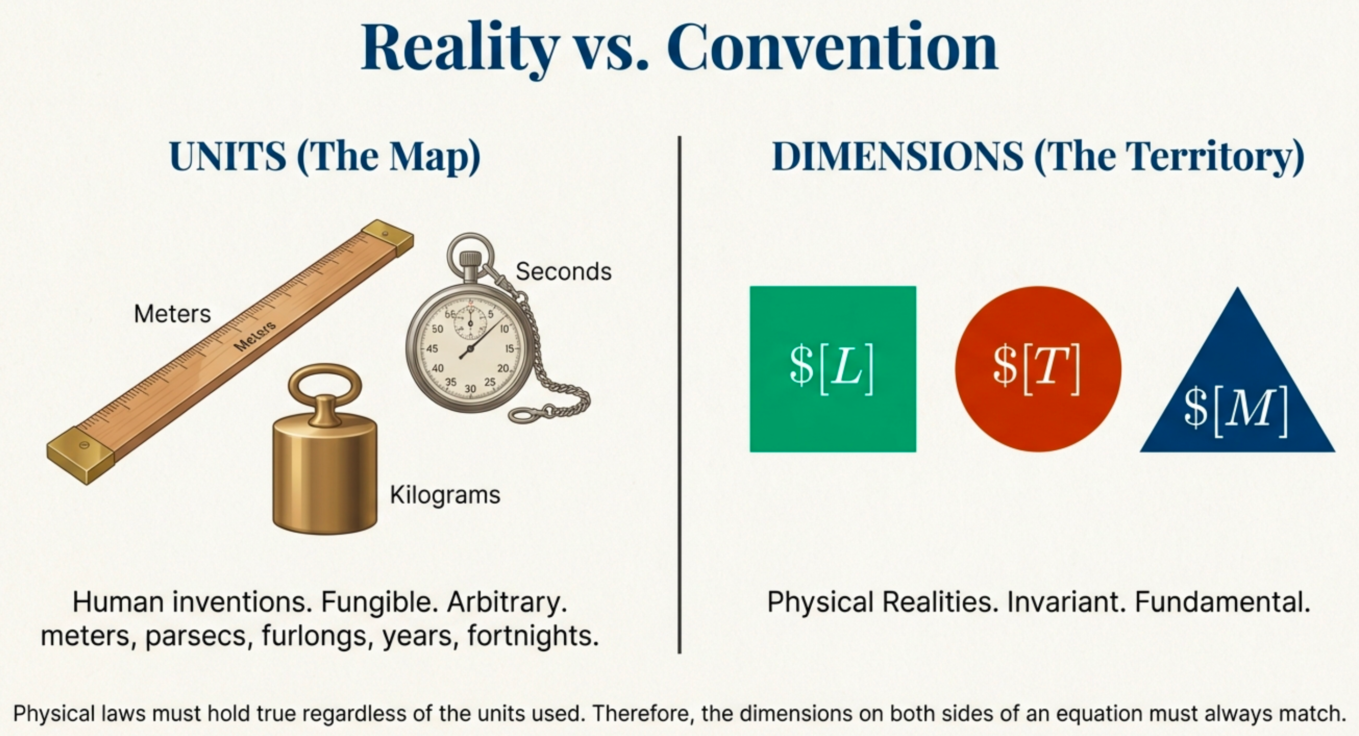 Split diagram contrasting UNITS (The Map) showing ruler, stopwatch, and weights labeled as 'human inventions, fungible, arbitrary' versus DIMENSIONS (The Territory) showing [L], [T], [M] symbols labeled as 'physical realities, invariant, fundamental'. Footer states physical laws must hold regardless of units used.