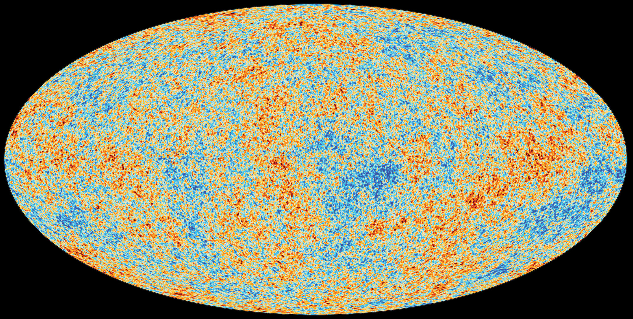 Planck satellite all-sky map of the Cosmic Microwave Background in Mollweide projection. Colors show tiny temperature fluctuations: blue regions are slightly cooler, red/orange regions slightly warmer than the 2.725 K average.