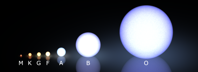 Artistic rendering of main-sequence stars arranged left to right by spectral type from M (small, red-orange) through K, G, F, A, B to O (large, blue-white), shown to relative scale against a black background. Each star is labeled with its spectral letter.