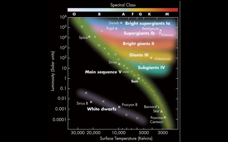 Classic Hertzsprung-Russell diagram with luminosity on the vertical axis and surface temperature on the horizontal axis, labeled with spectral classes O through M and representative stars such as Spica, Rigel, Betelgeuse, the Sun, Sirius B, Procyon B, and Proxima Centauri in the main sequence, giant, and white dwarf regions.