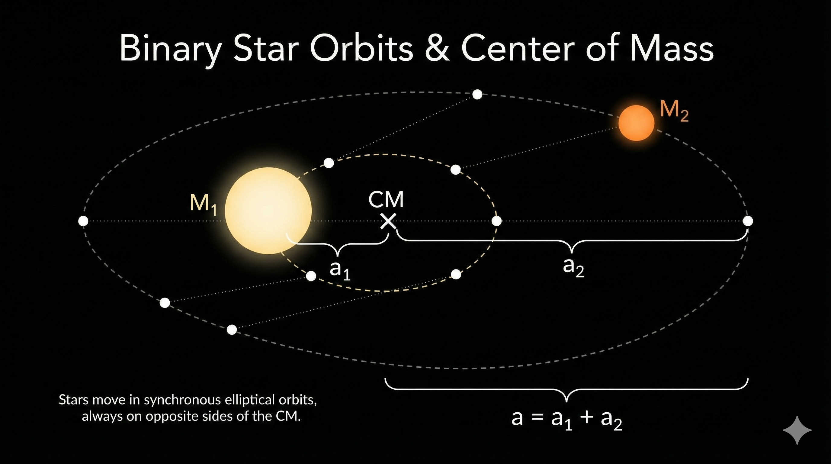 Diagram titled Binary Star Orbits and Center of Mass on black background. A large yellow-white star labeled M₁ on the left and a smaller orange star labeled M₂ on the right are connected through a white × labeled CM (center of mass), positioned closer to M₁. Dashed elliptical orbits show M₁ tracing a small orbit of radius a₁ and M₂ tracing a large orbit of radius a₂, both centered on the CM. A bracket below spans the full separation labeled a = a₁ + a₂. Epoch dots along each orbit show the stars always on opposite sides. Text reads: Stars move in synchronous elliptical orbits, always on opposite sides of the CM.