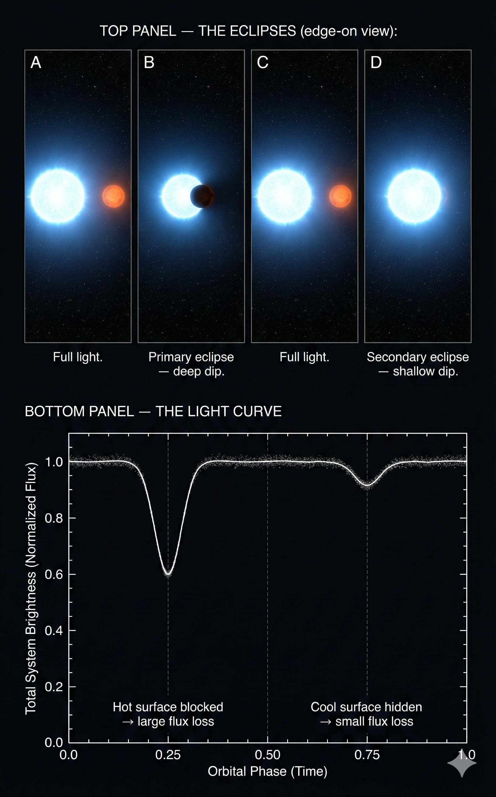 Two-panel diagram on black background. Top panel shows four orbital phases of an eclipsing binary viewed edge-on: A (full light, both stars visible), B (primary eclipse with small orange-red star silhouetted against large blue-white star, labeled deep dip), C (full light again), D (secondary eclipse with orange star hidden behind blue star, labeled shallow dip). Bottom panel shows a light curve of total system brightness versus orbital phase. A deep symmetric dip near phase 0.25 is labeled Hot surface blocked → large flux loss. A very shallow dip near phase 0.75 is labeled Cool surface hidden → small flux loss. Scattered data points overlay the smooth model curve.