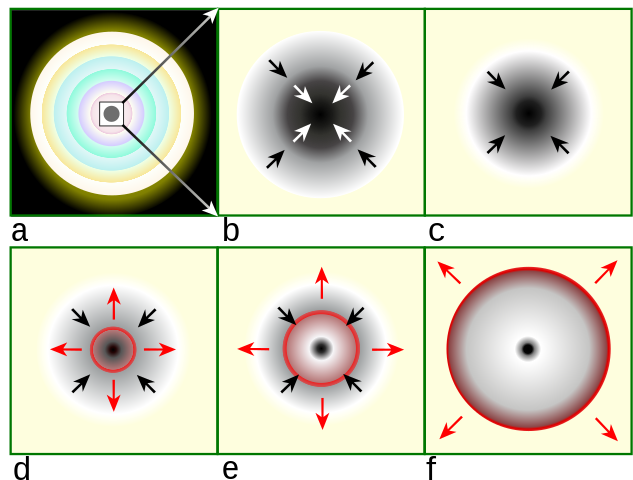 Six-panel sequence showing core-collapse supernova stages. Panel a: onion shell structure. Panel b: inward-pointing arrows showing collapse. Panel c: continued collapse with proto-neutron star forming. Panel d: red circle showing stalled shock with outward and inward arrows. Panel e: neutrino-heated region reviving the shock. Panel f: expanding red circle showing the explosion propagating outward.