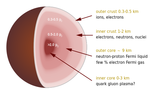 Cutaway diagram of a neutron star showing four concentric layers: a thin brown outer crust (0.3 to 0.5 km, ions and electrons), a pink inner crust (1 to 2 km, electrons, neutrons, nuclei), a light pink outer core (~9 km, neutron-proton Fermi liquid), and a central inner core (0 to 3 km, possibly quark-gluon plasma). Density labels in units of nuclear density are shown for each layer.